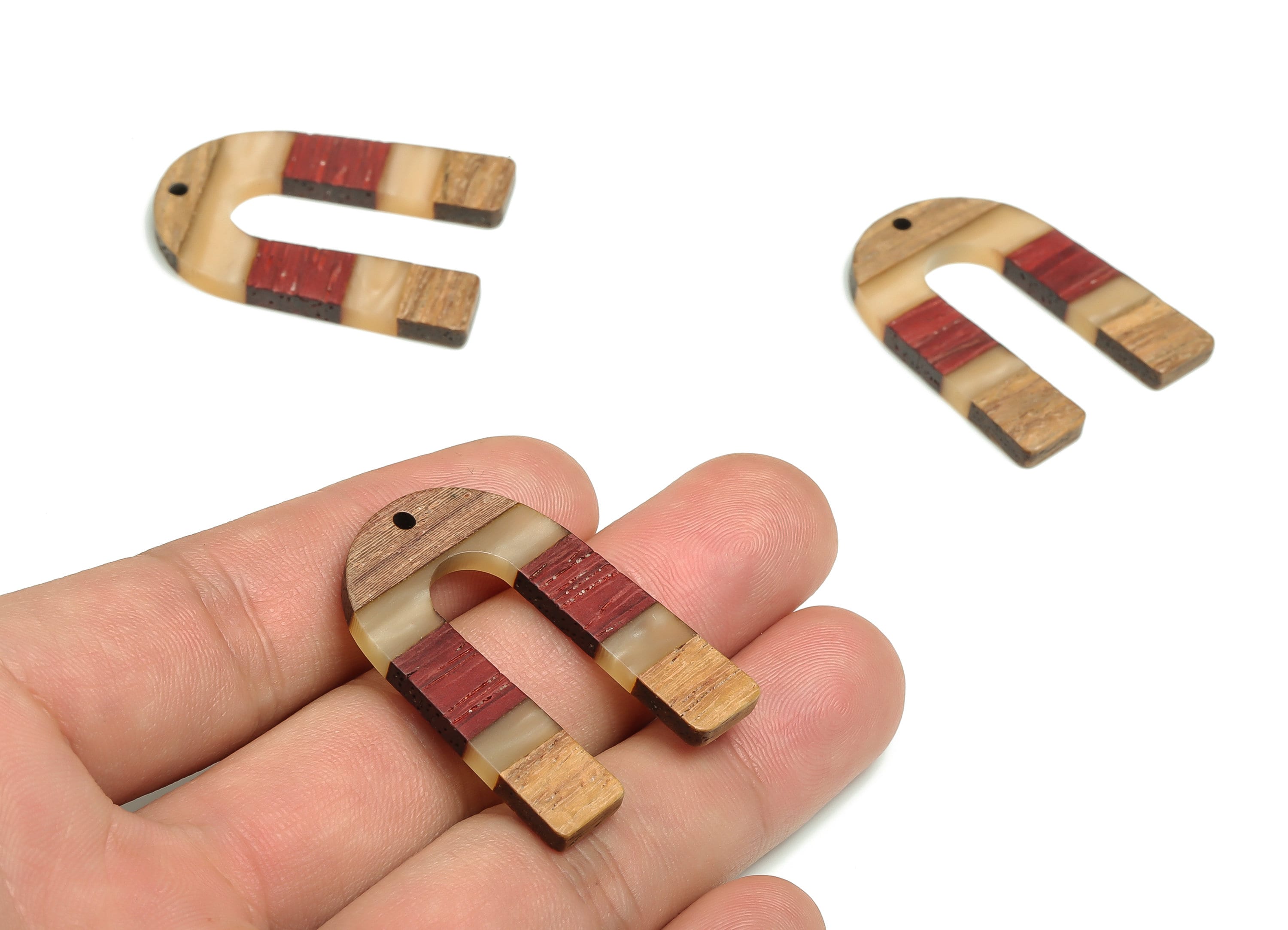 Walnut Wood U Earring Charms - Resin Semi circle Pendant - Apricot Red& Coffee Resin U - Jewelry Supplies - 36.89x28.06x3.05mm - BB1107 - DOMEDBAZAAR