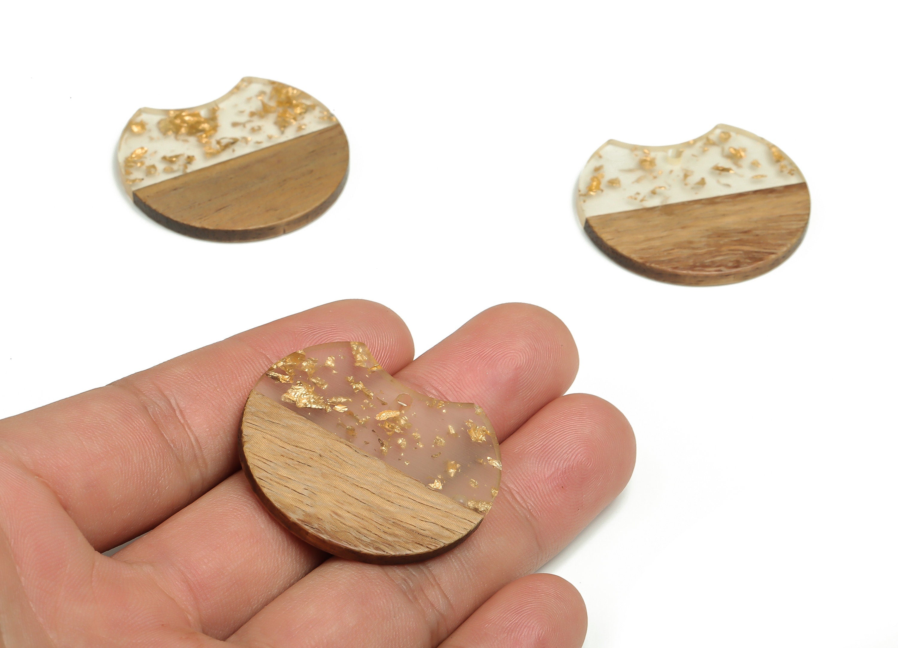 Walnut Wood Round Earring Charms - Resin Round Pendant - Yellow&Coffee Resin Round - Jewelry Making Supplies - 36.5x34.29x2.82mm - BB1108 - DOMEDBAZAAR