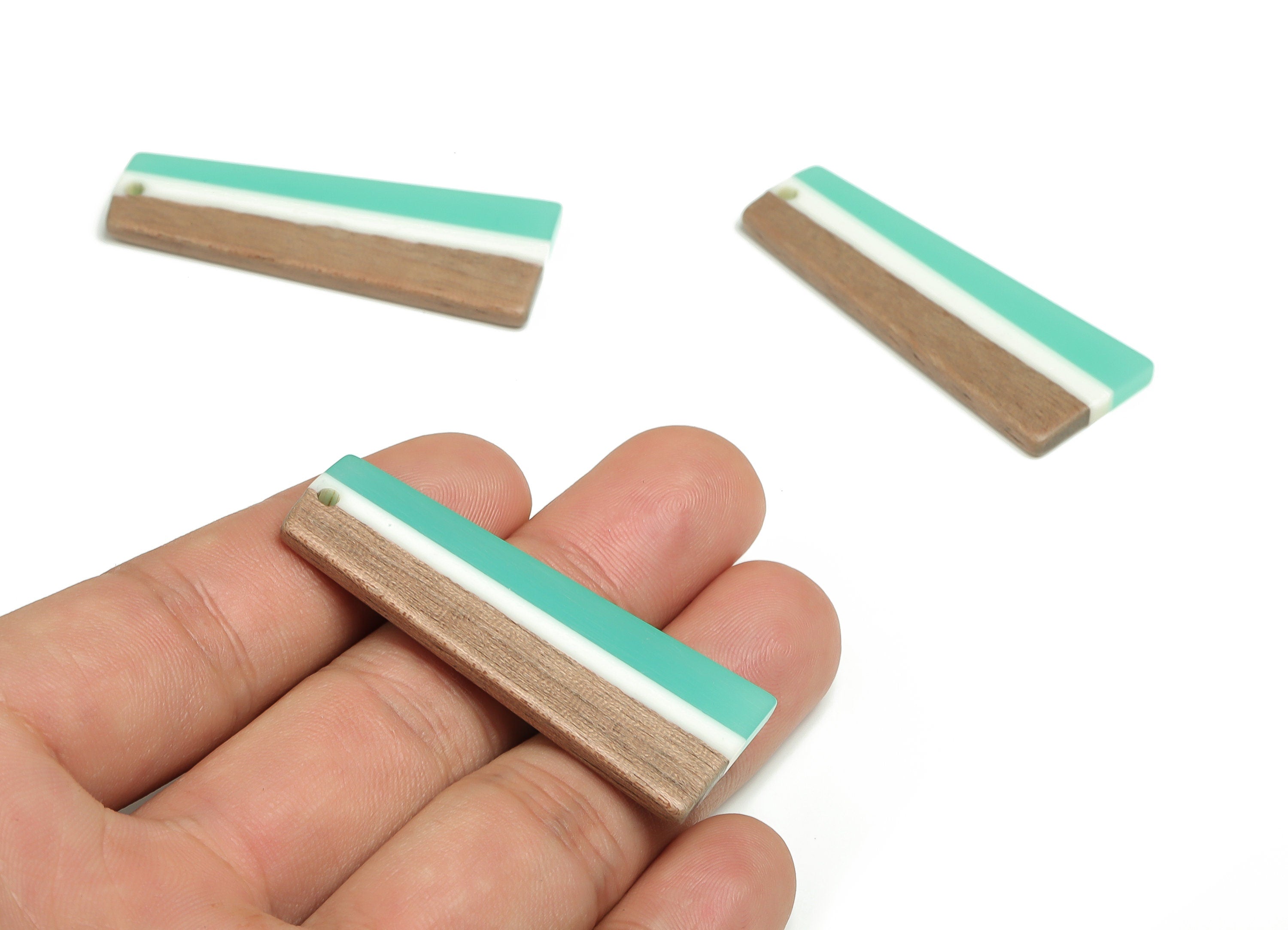 Walnut Wood Rectangle Earring Charms- Resin Strip Pendant- Green White &Coffee Resin Rectangle- Jewelry Supplies- 49.12x18.94x3.1mm- BB1111 - DOMEDBAZAAR