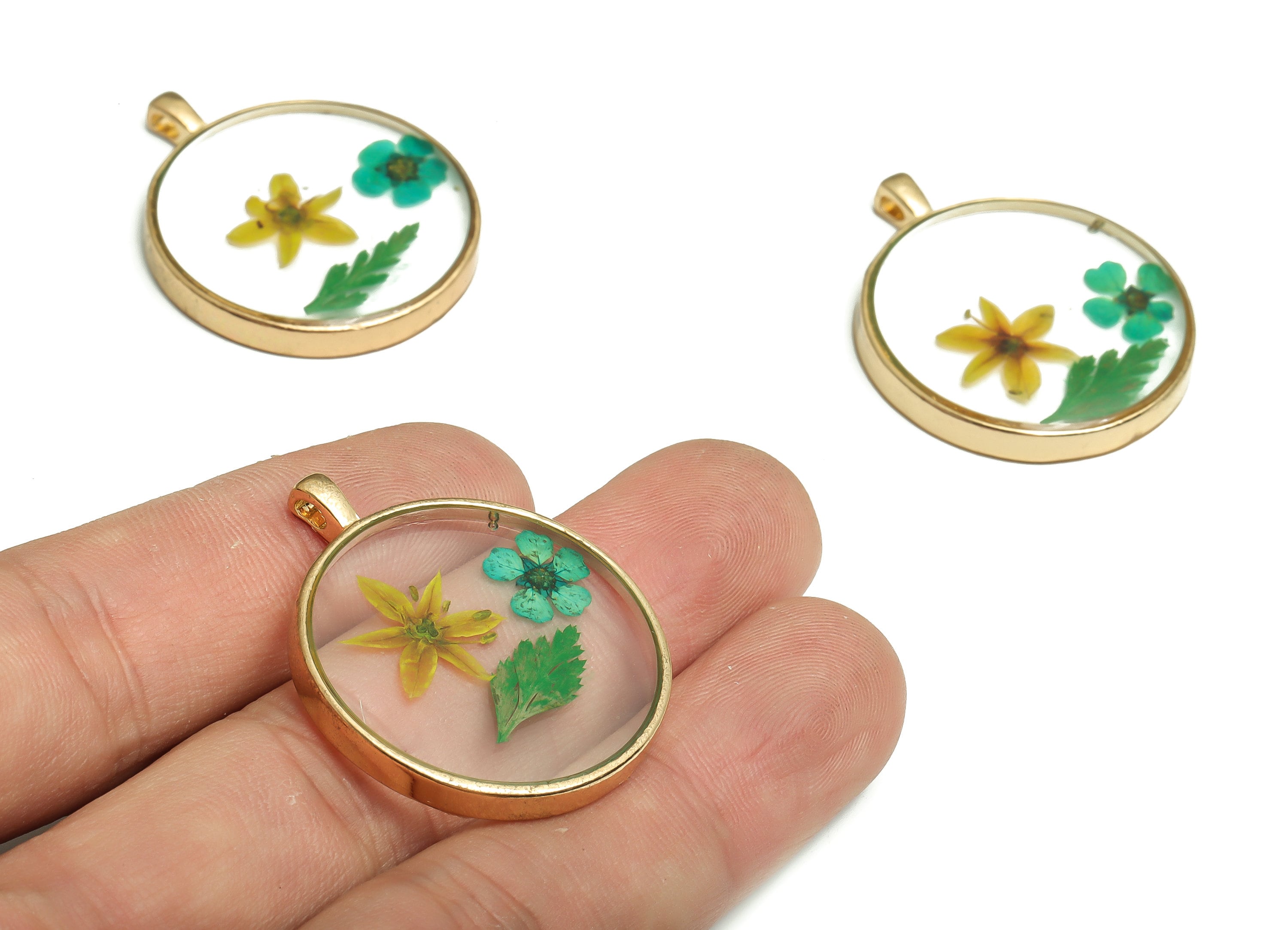 Epoxy Resin Round Real Flower Charms - Leek Flower - Narcissus Flower - Lace Flower Charms - Gold Tone Plated Alloy -35x28.7x4.9mm - ZZ1945 - DOMEDBAZAAR