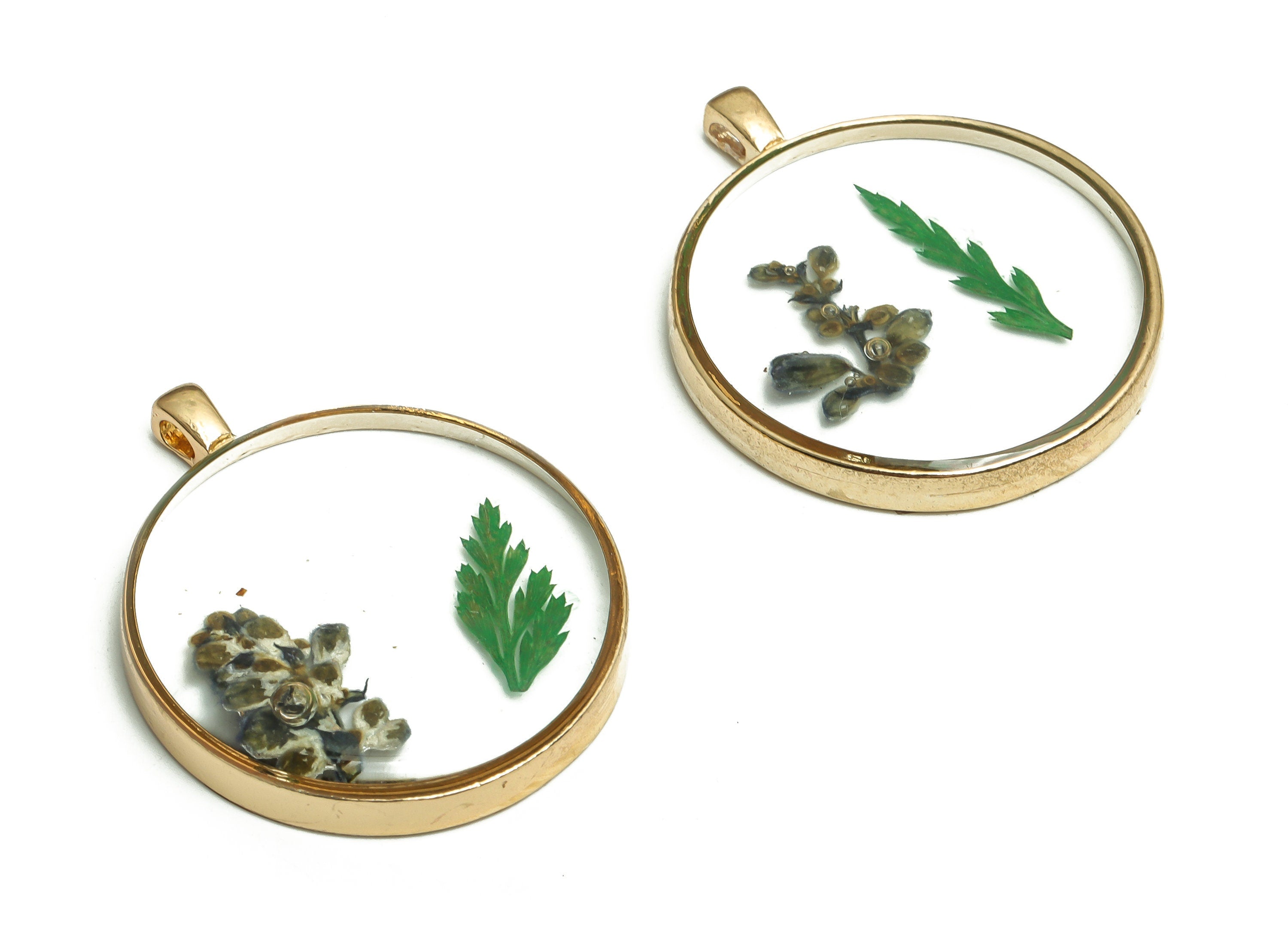 Resin Round Earring Charm - Real Dried Flower Jewelry - Resin Sage Grass Pendant Charm - Gold Tone Plated Alloy -35.58x28.73x5.24mm - ZZ1943 - DOMEDBAZAAR