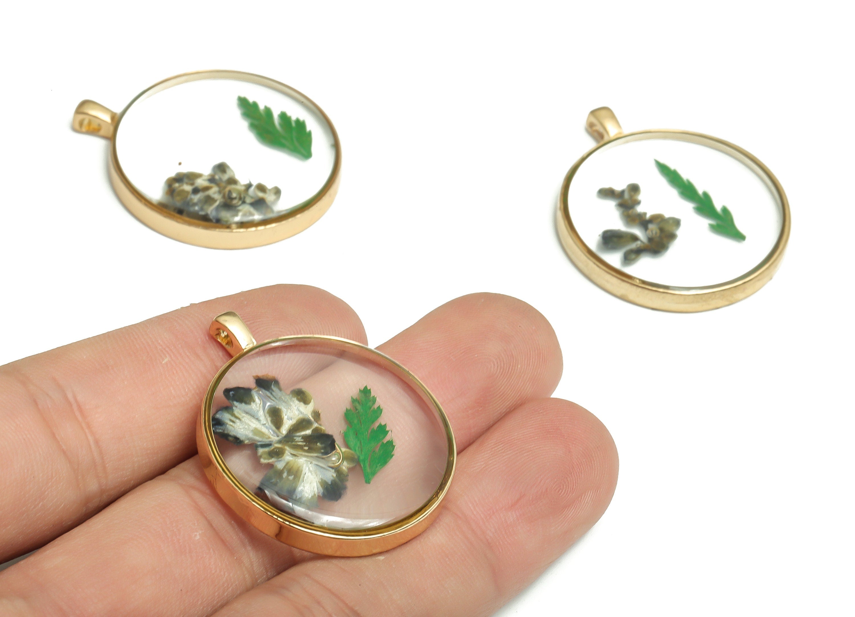 Resin Round Earring Charm - Real Dried Flower Jewelry - Resin Sage Grass Pendant Charm - Gold Tone Plated Alloy -35.58x28.73x5.24mm - ZZ1943 - DOMEDBAZAAR