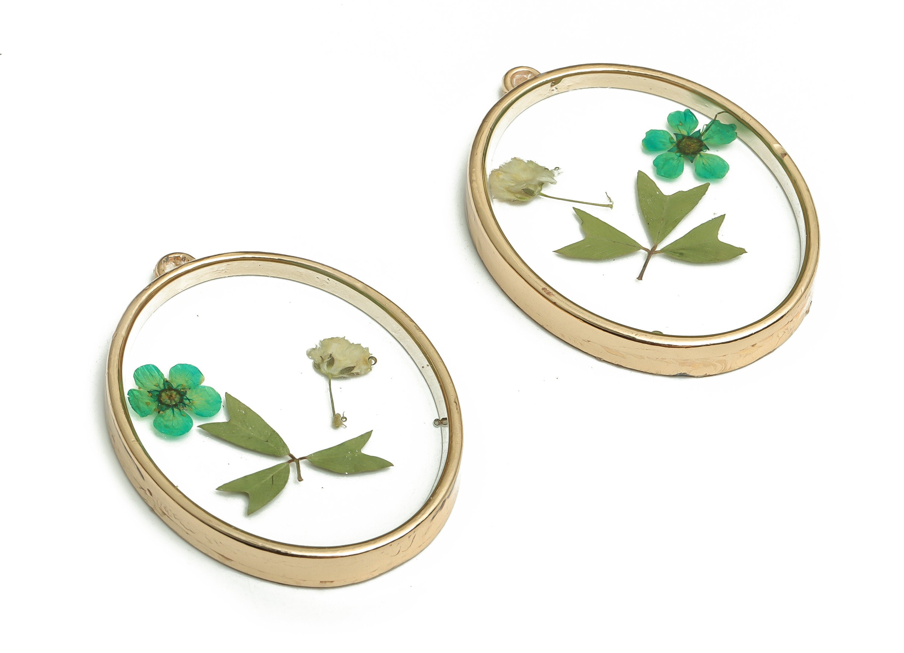 Epoxy Resin Oval Real Flower Earring Charms - Epoxy Resin Narcissus&Ear Flower Pendant - Gold Tone Plated Alloy - 41.36x29.92x4.9mm - ZZ1953 - DOMEDBAZAAR