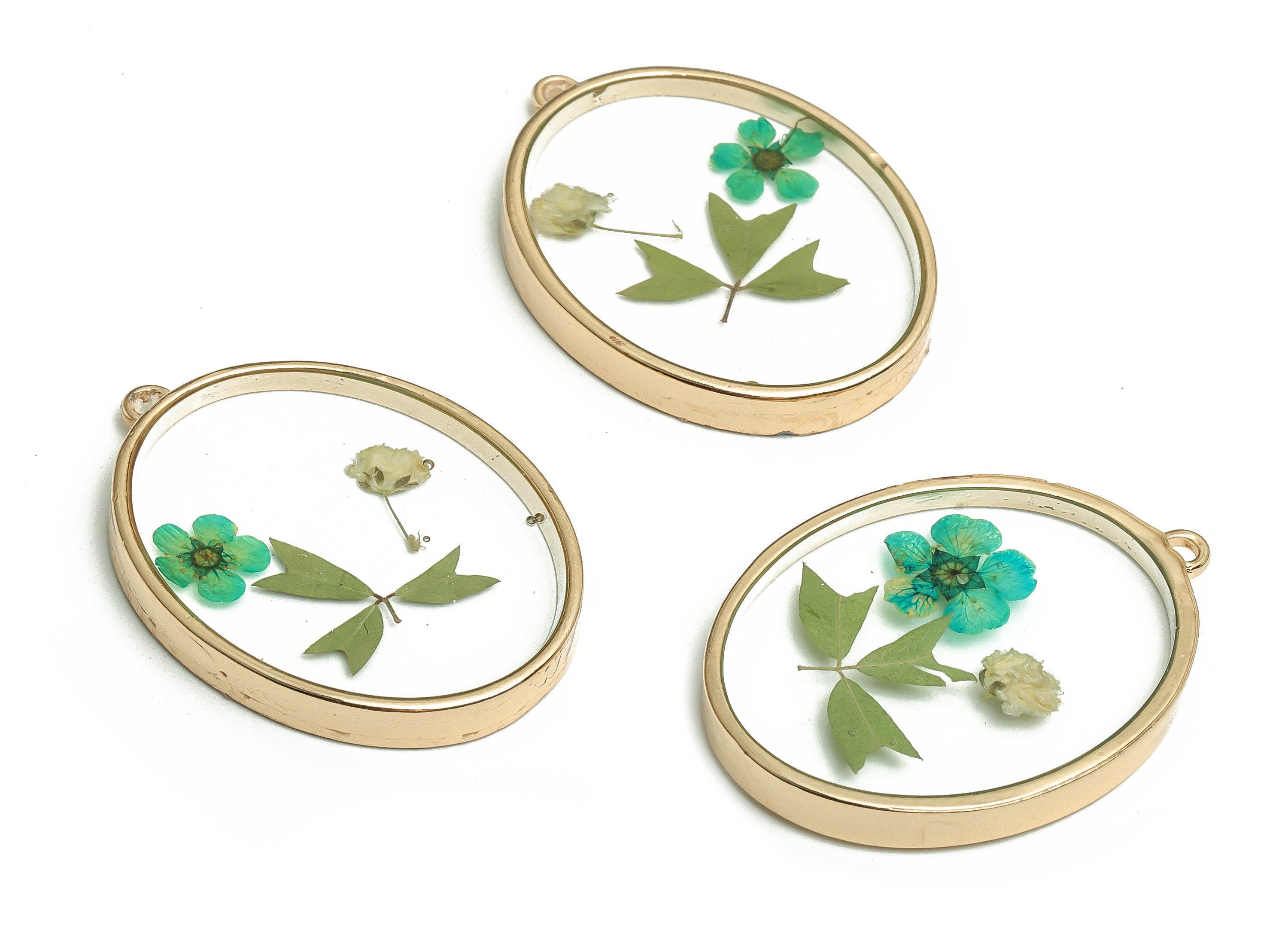 Epoxy Resin Oval Real Flower Earring Charms - Epoxy Resin Narcissus&Ear Flower Pendant - Gold Tone Plated Alloy - 41.36x29.92x4.9mm - ZZ1953 - DOMEDBAZAAR