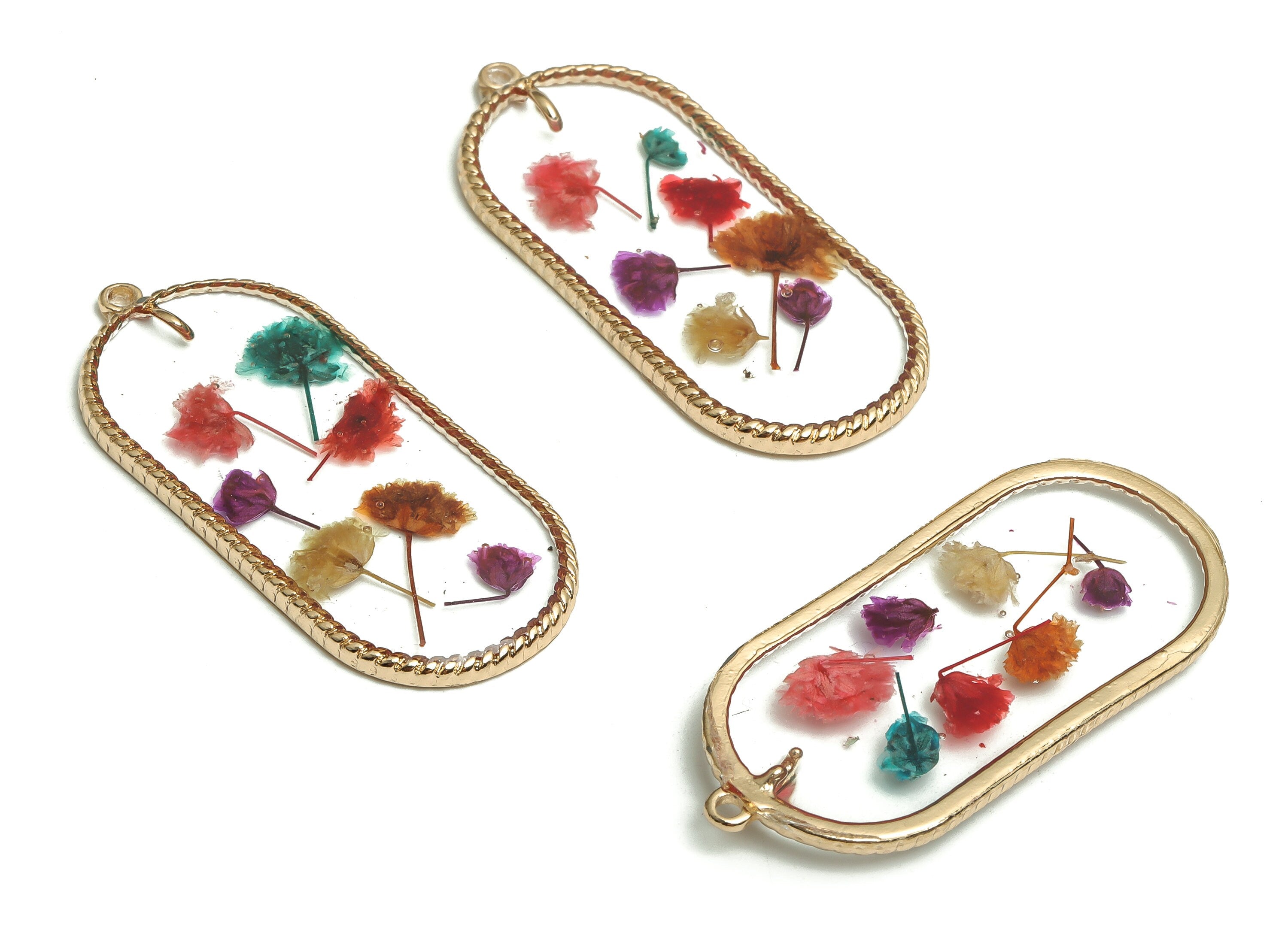 Epoxy Resin Oval Real Flower Earring Charms - Dried Resin Gypsophila Pendant Charm - Gold Tone Plated Alloy Charm -46.2x21.01x3.06mm- ZZ1960 - DOMEDBAZAAR
