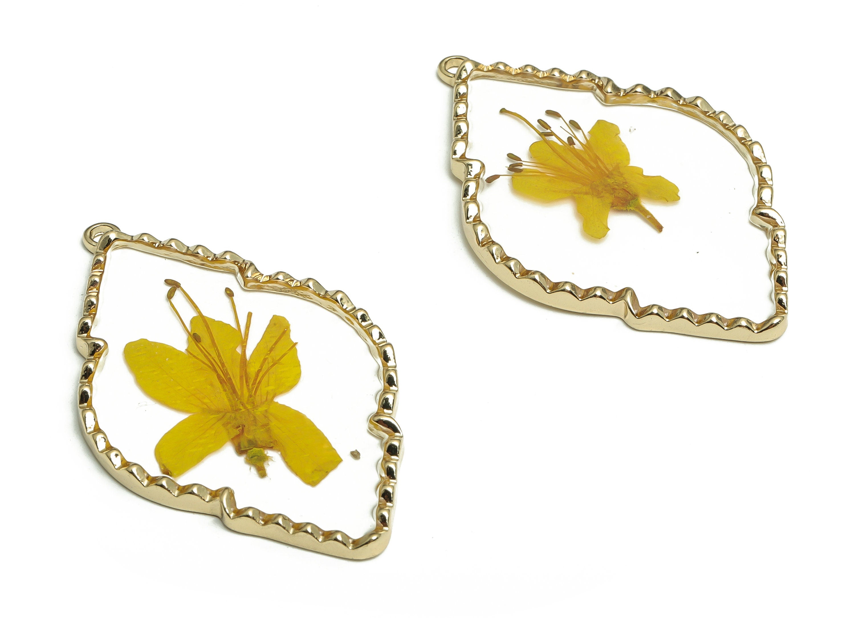 Epoxy Resin Diamond Real Flower Earring Charms - Epoxy Resin Rhododendron Pendant - Gold Tone Plated Alloy - 54.11x33.12x2.71mm - ZZ1962 - DOMEDBAZAAR