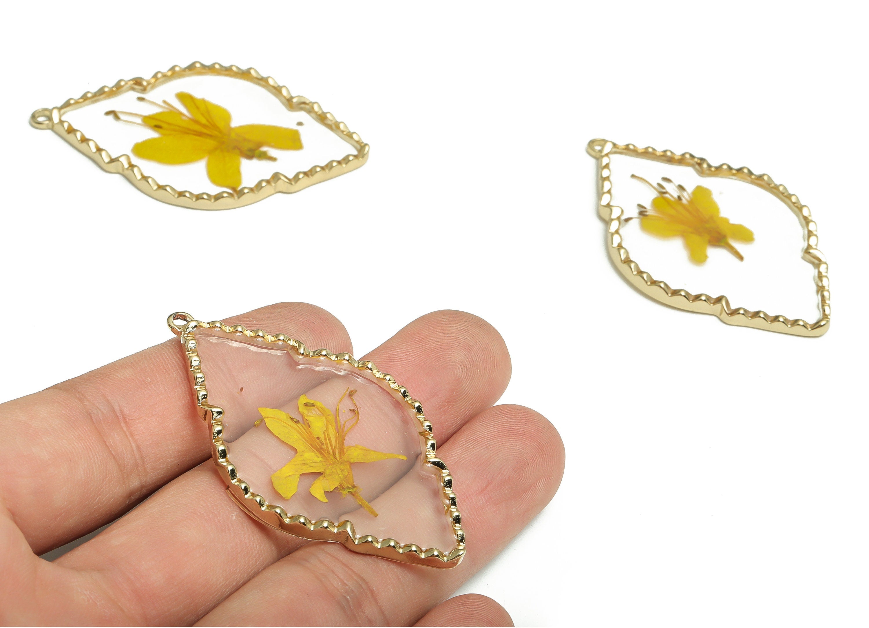 Epoxy Resin Diamond Real Flower Earring Charms - Epoxy Resin Rhododendron Pendant - Gold Tone Plated Alloy - 54.11x33.12x2.71mm - ZZ1962 - DOMEDBAZAAR