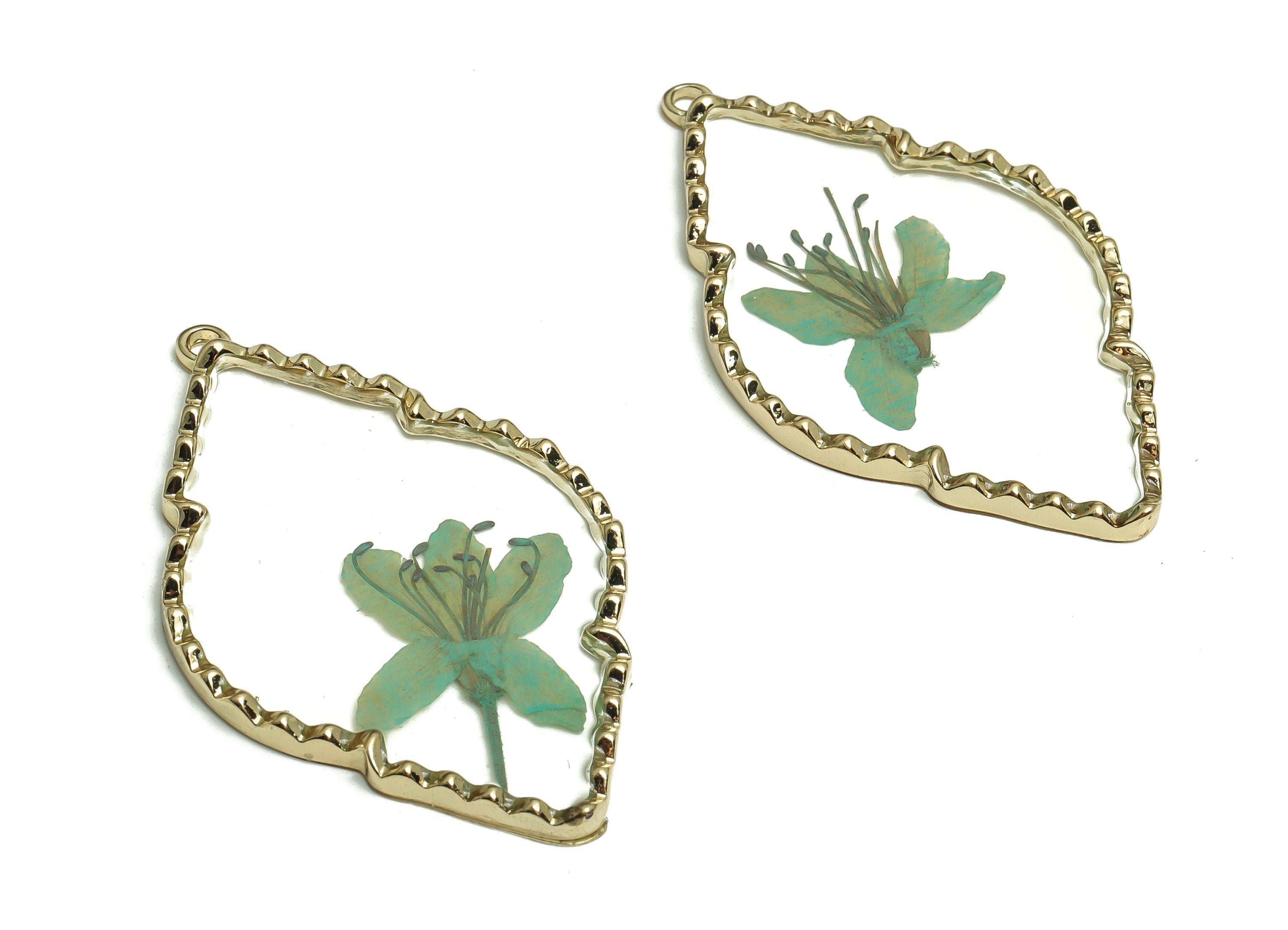 Epoxy Resin Diamond Real Flower Earring Charms - Epoxy Resin Rhododendron Pendant - Gold Tone Plated Alloy - 54.11mx33.39x3.08mm - ZZ1963 - DOMEDBAZAAR