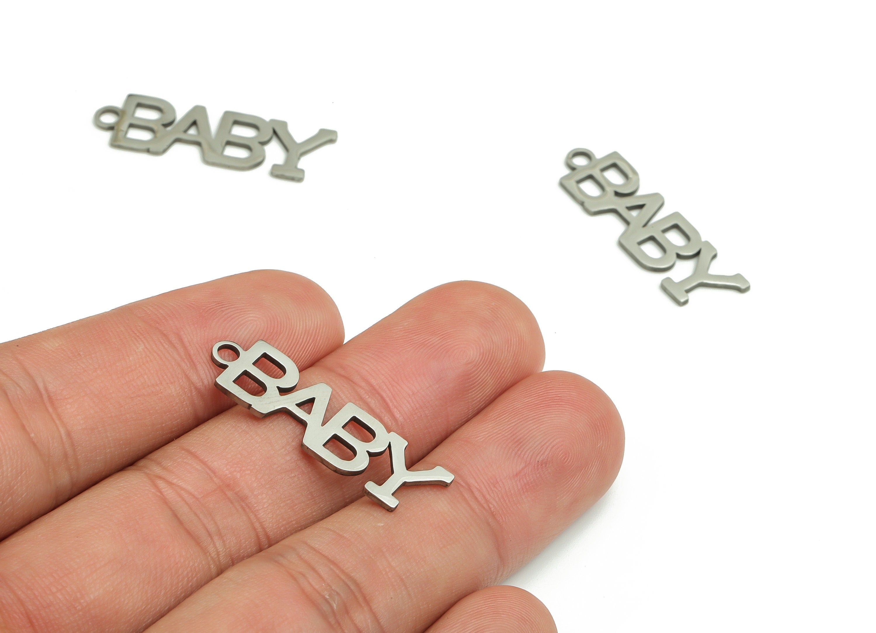 Stainless Steel BABY Word Earring Charms - Stainless Steel BABY Pendant - Jewelry Making Supplies - 30.2x9.09x0.95mm - SS1258 - DOMEDBAZAAR