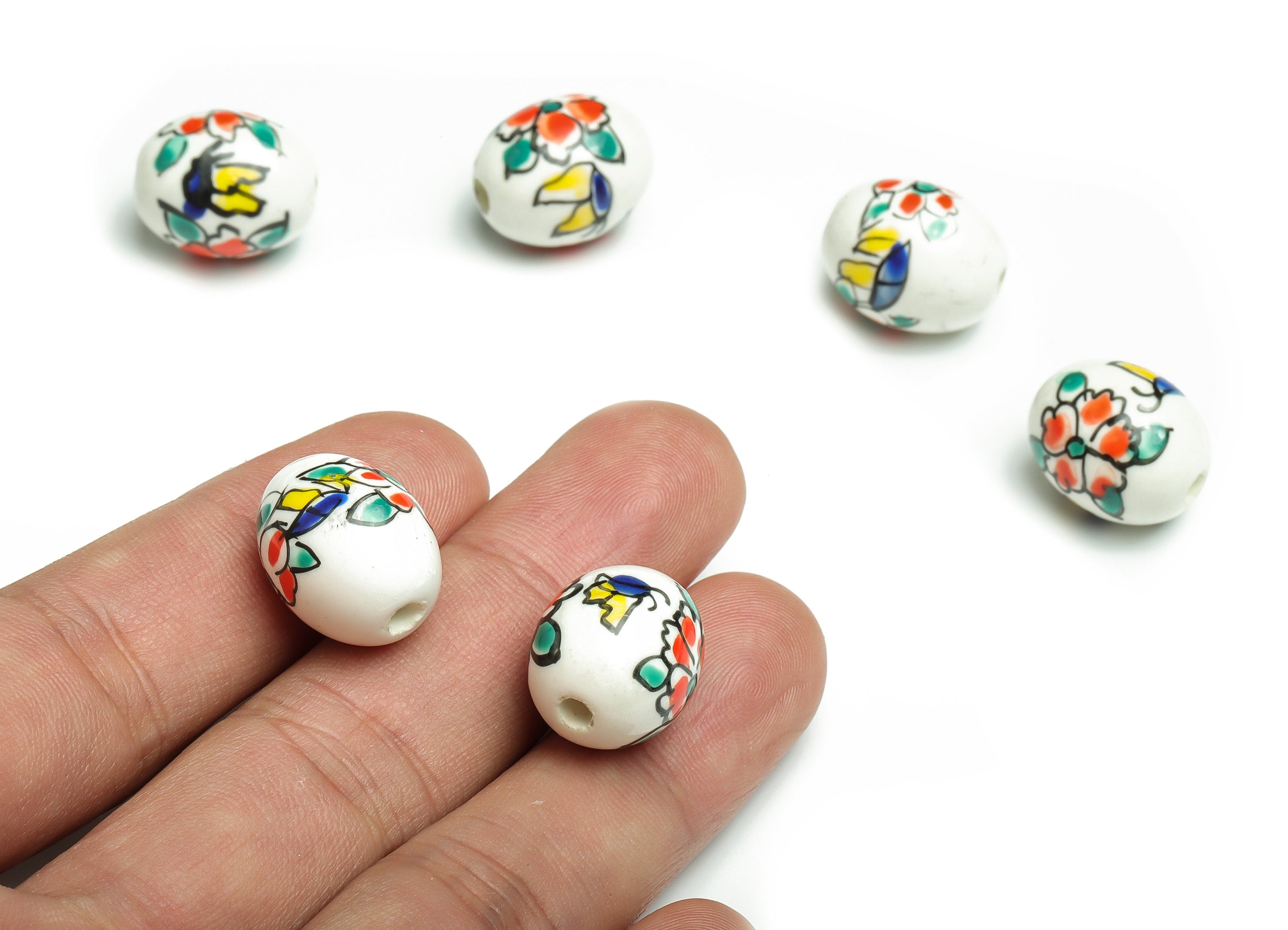 Glazed Ceramic Oval Beads - Carved Flower Beads - Handmade Beads - Necklace Beads - Connectors Beads - 17.02x14.45x14.45mm - NS1433 - DOMEDBAZAAR