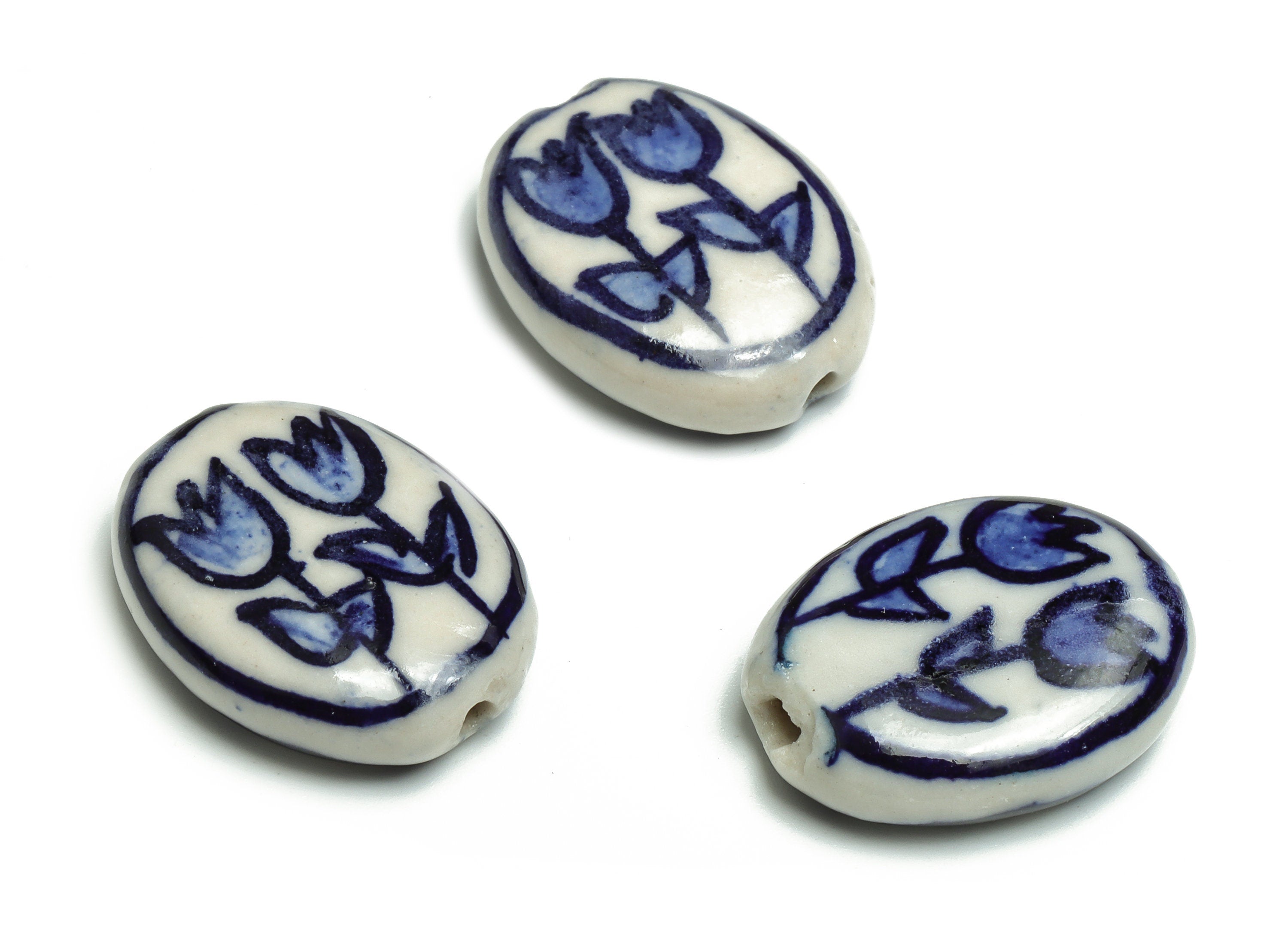 Glazed Ceramic Oval Beads - Carved Flower Beads - Handmade Beads - Necklace Beads - Connectors Beads - 20.15x15.79x6.05mm - NS1442 - DOMEDBAZAAR