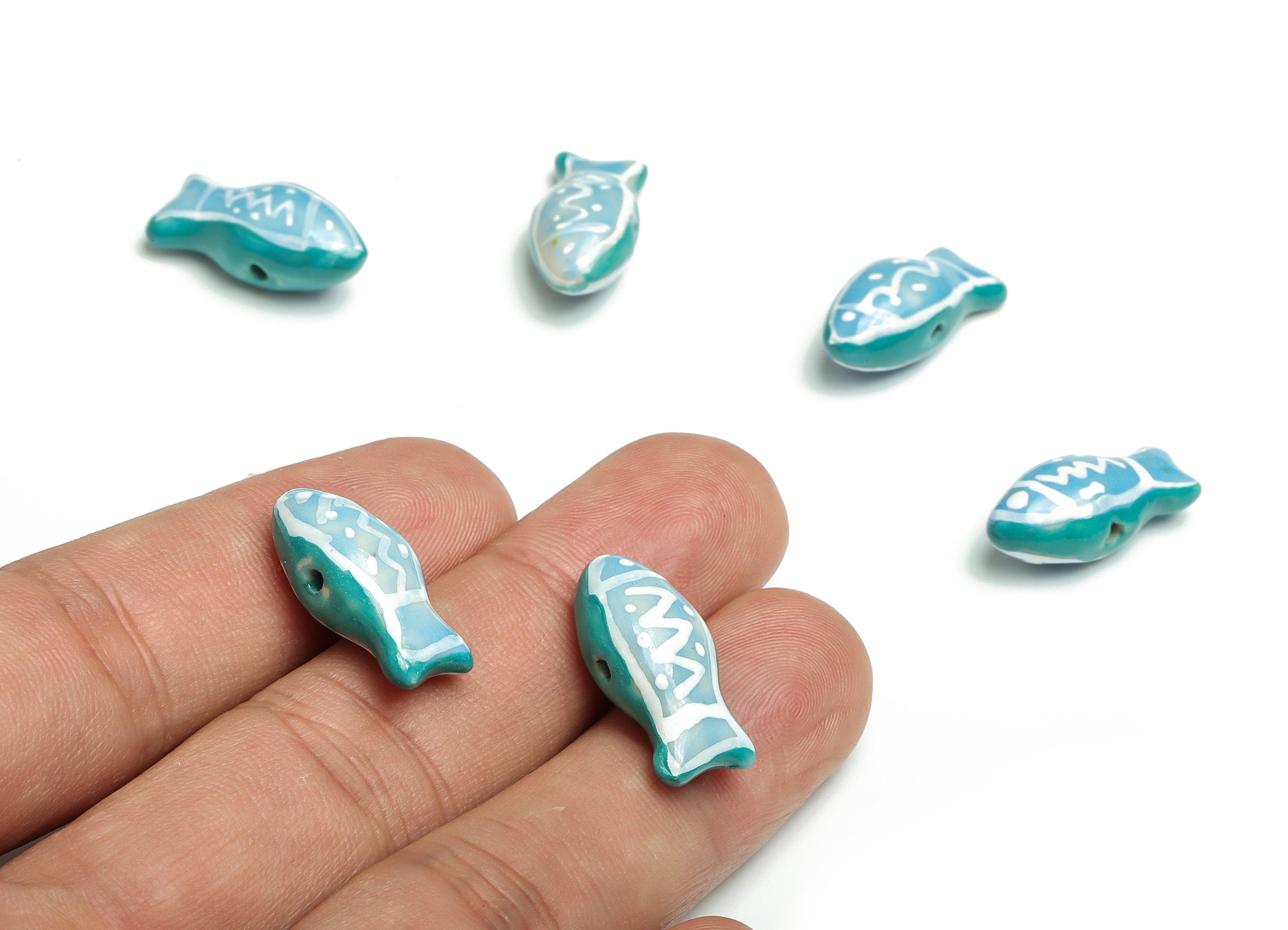 Glazed Ceramic Fish Beads - Carved Fish Beads - Handmade Beads - Necklace Beads - Connectors Beads - 21.63x9.72x8.59mm - NS1425 - DOMEDBAZAAR