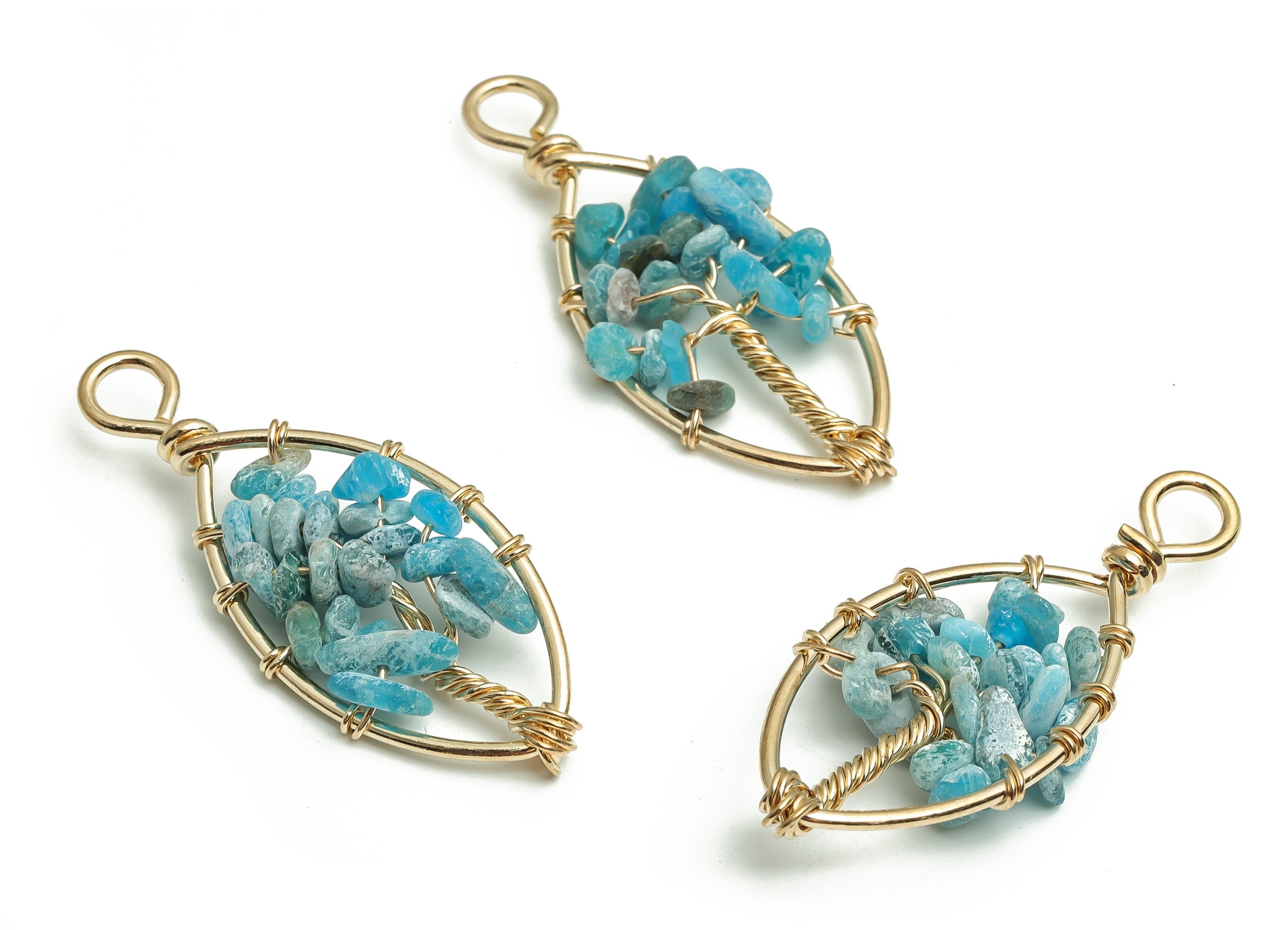 Blue Apatite Jewelry Charms – Wire Wrapped Natural Stone - Iron Oval Pendant - Gold Tone Plated Alloy - 41.97x17.78x6.89mm - NS1419 - DOMEDBAZAAR