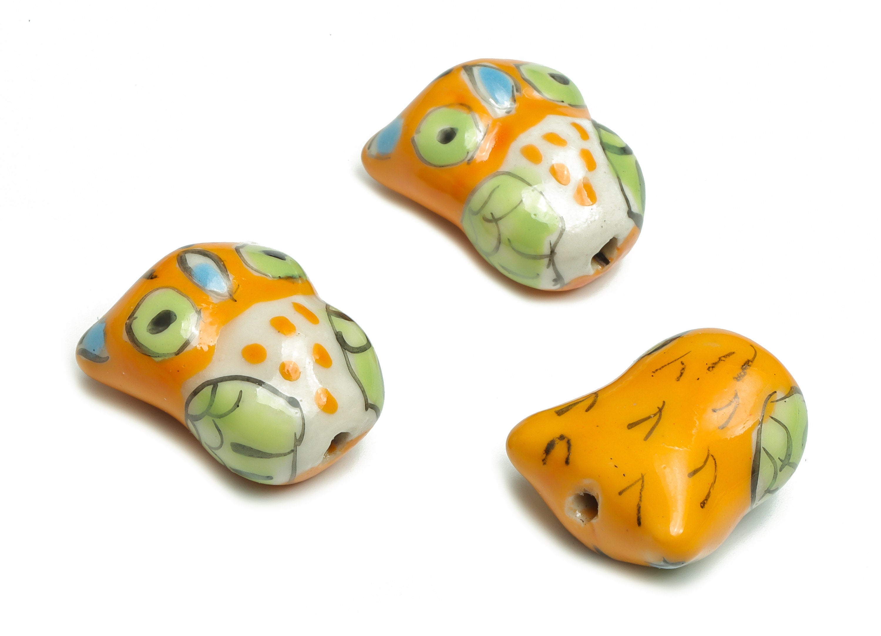 Glazed Ceramic Owl Beads - Carved Owl Beads - Handmade Beads - Necklace Beads - Connectors Beads - 18.9x17.01x10.68mm - NS1437 - DOMEDBAZAAR