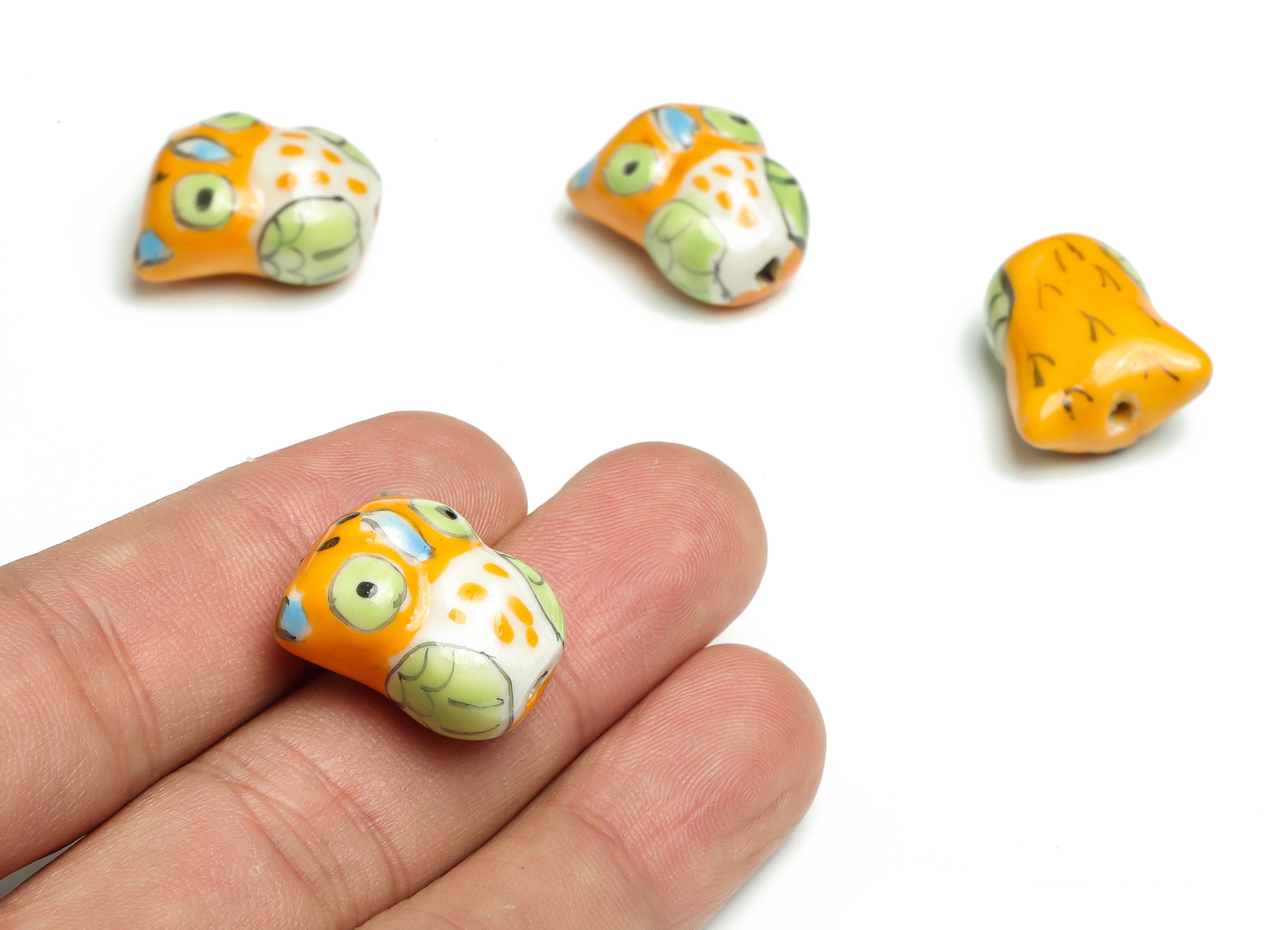 Glazed Ceramic Owl Beads - Carved Owl Beads - Handmade Beads - Necklace Beads - Connectors Beads - 18.9x17.01x10.68mm - NS1437 - DOMEDBAZAAR