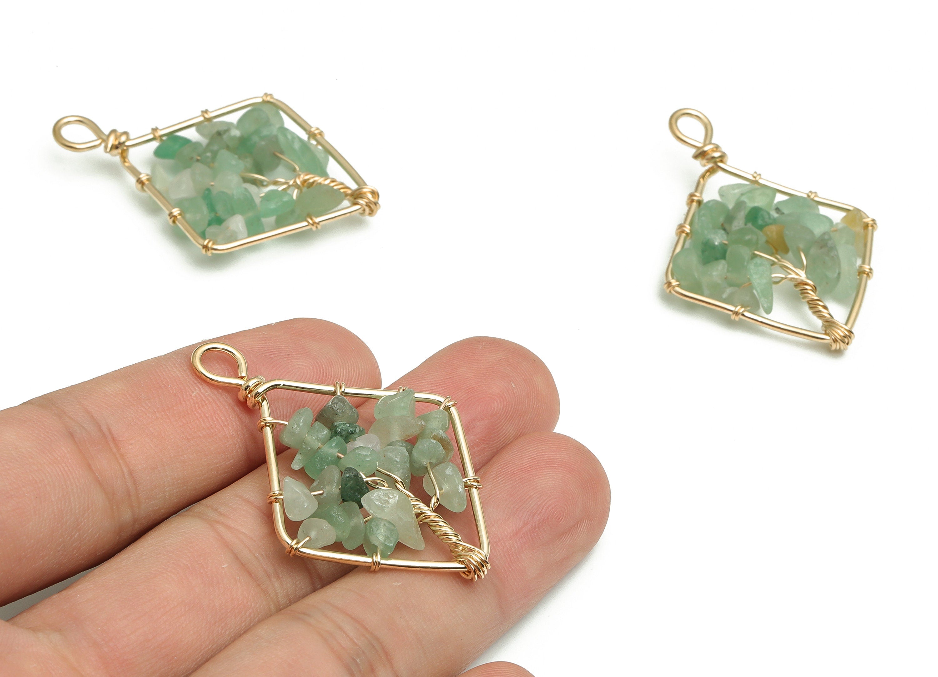 Aventurine Jewelry Charms – Wire Wrapped Natural Stone - Iron Rhombic Pendant - Gold Tone Plated Alloy - 43.87x31.27x6.32mm - NS1415 - DOMEDBAZAAR