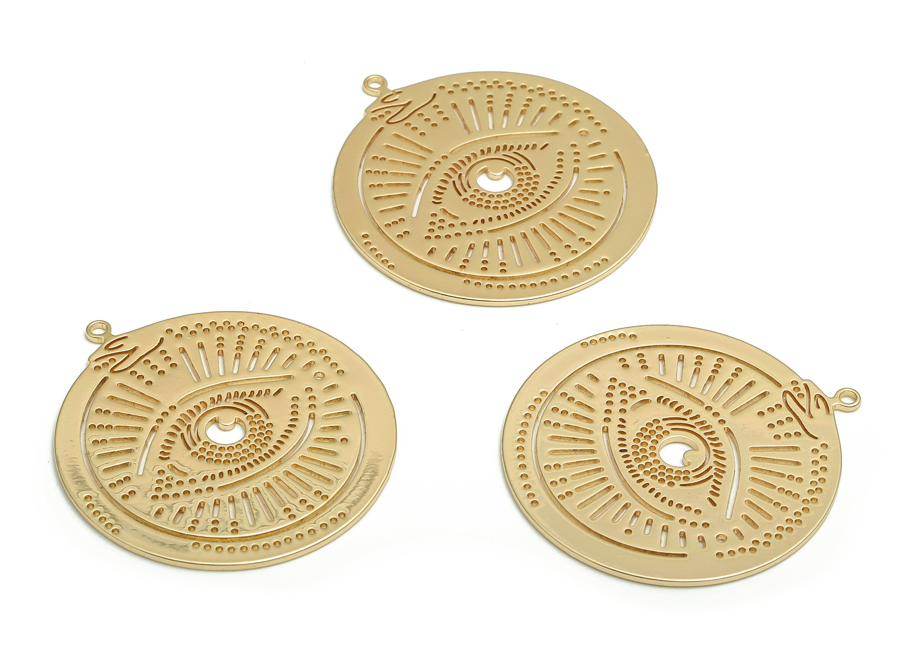 Brass Round Earring Charms - Gold Eye Circle Pendant - 18K Real Gold Plated Brass - Jewelry Making Supplies - 32.76x29.79x0.77mm - RGP4097 - DOMEDBAZAAR