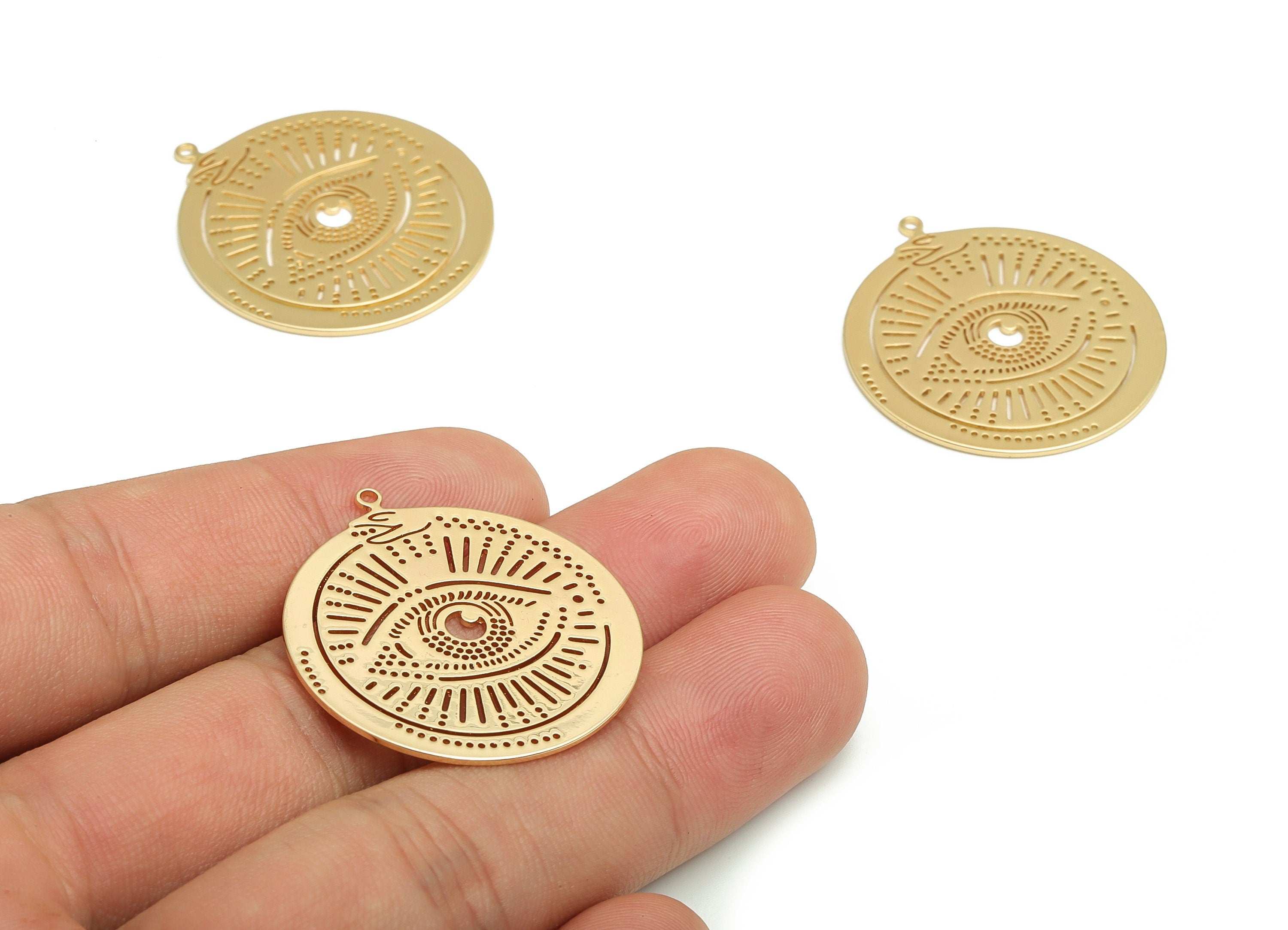 Brass Round Earring Charms - Gold Eye Circle Pendant - 18K Real Gold Plated Brass - Jewelry Making Supplies - 32.76x29.79x0.77mm - RGP4097 - DOMEDBAZAAR
