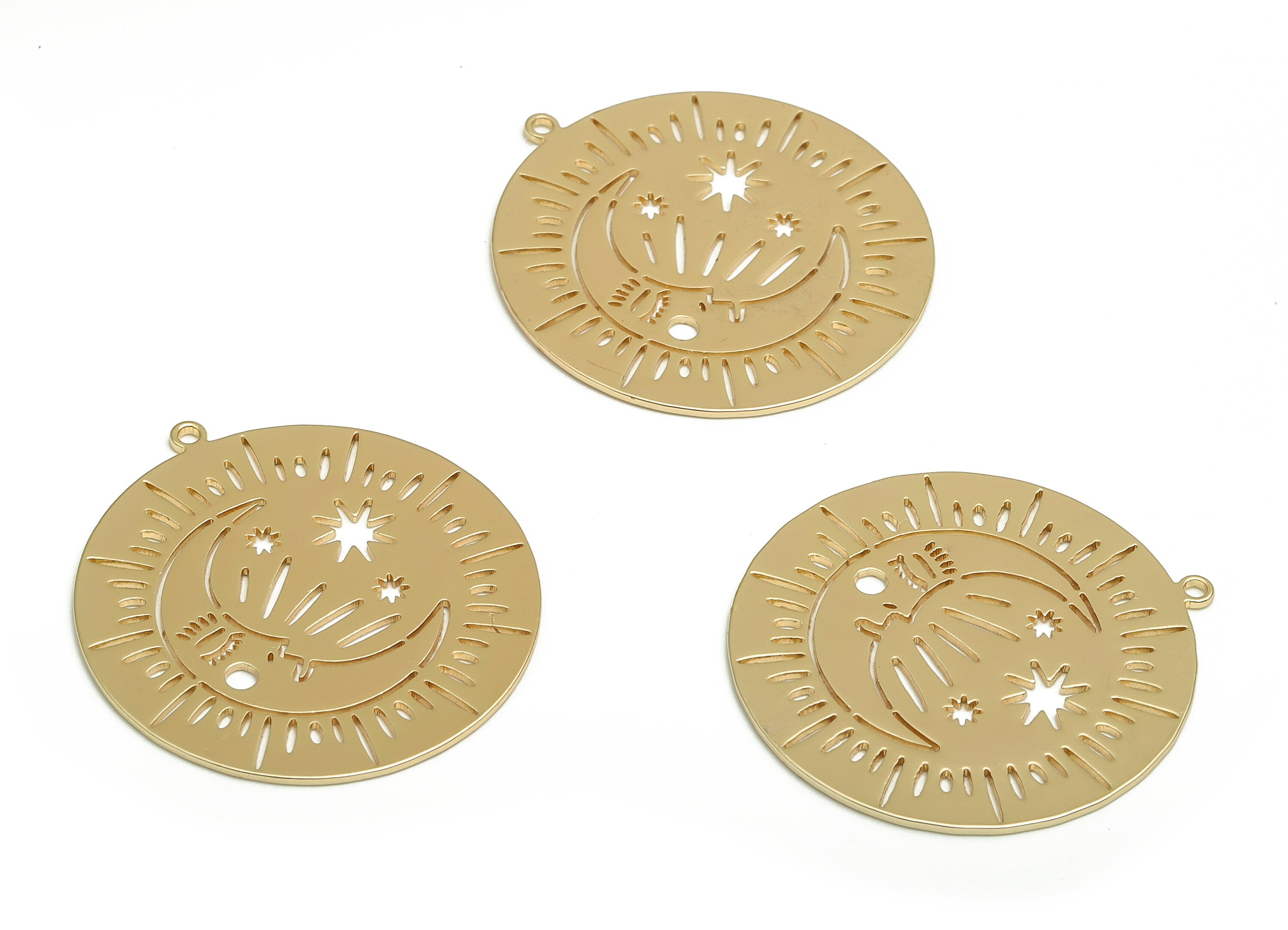 Brass Round Earring Charms - Gold Moon Sun Pendant - 18K Real Gold Plated Brass - Jewelry Making Supplies - 32.17x30x0.86mm - RGP4119 - DOMEDBAZAAR