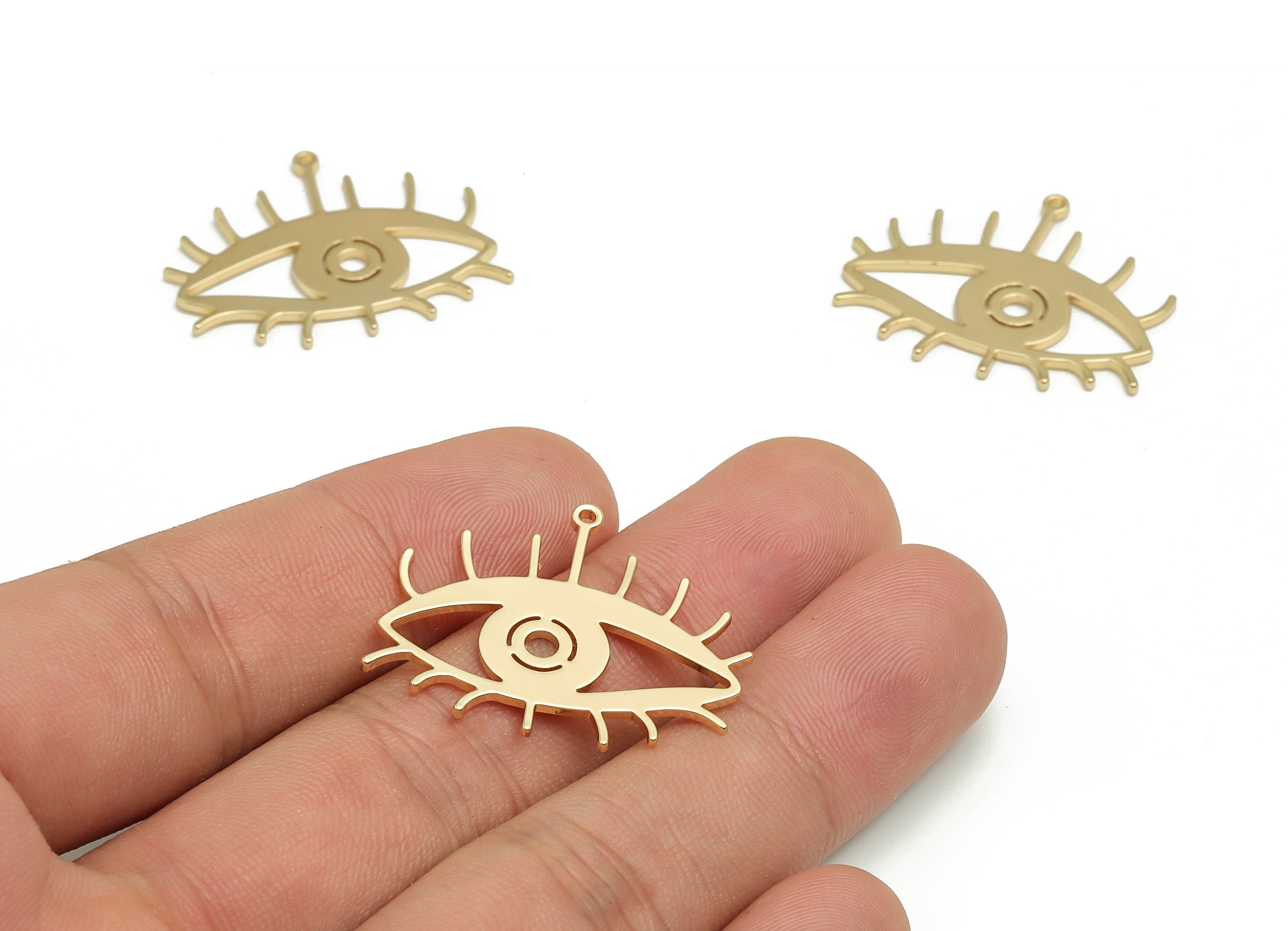 Brass Eye Earring Charms - Gold Eye Pendant - 18K Real Gold Plated Brass - Jewelry Making Supplies - 29.9x24.34x1.13mm - RGP4118 - DOMEDBAZAAR