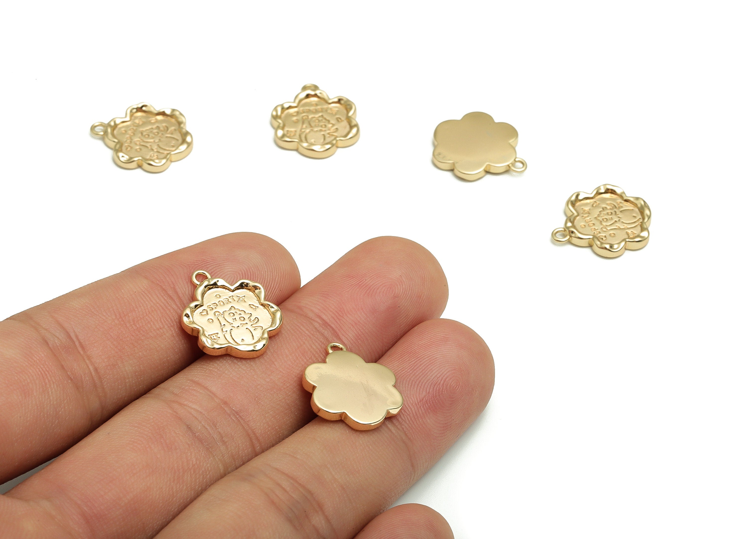 Brass Flower Earring Charms - Gold Cat Pendant - 18K Real Gold Plated Brass - Jewelry Making Supplies - 17.06x14.04x2.22mm- RGP4110 - DOMEDBAZAAR