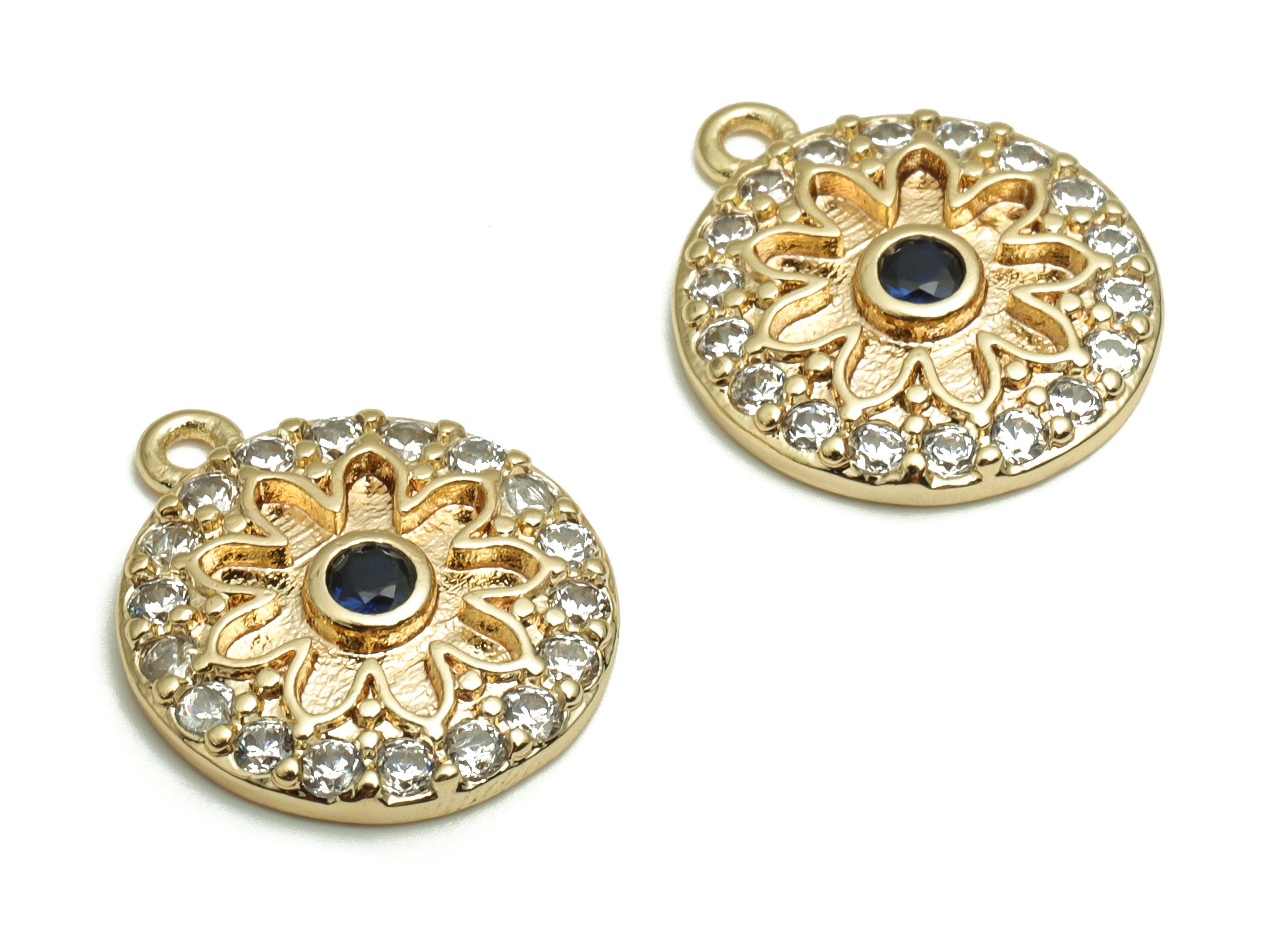 Brass Round Earring Charms With Zircons - Gold Flower Pendant - 18K Real Gold Plated Brass - Jewelry Supplies - 15.94x13.63x2.68mm - RGP4063 - DOMEDBAZAAR