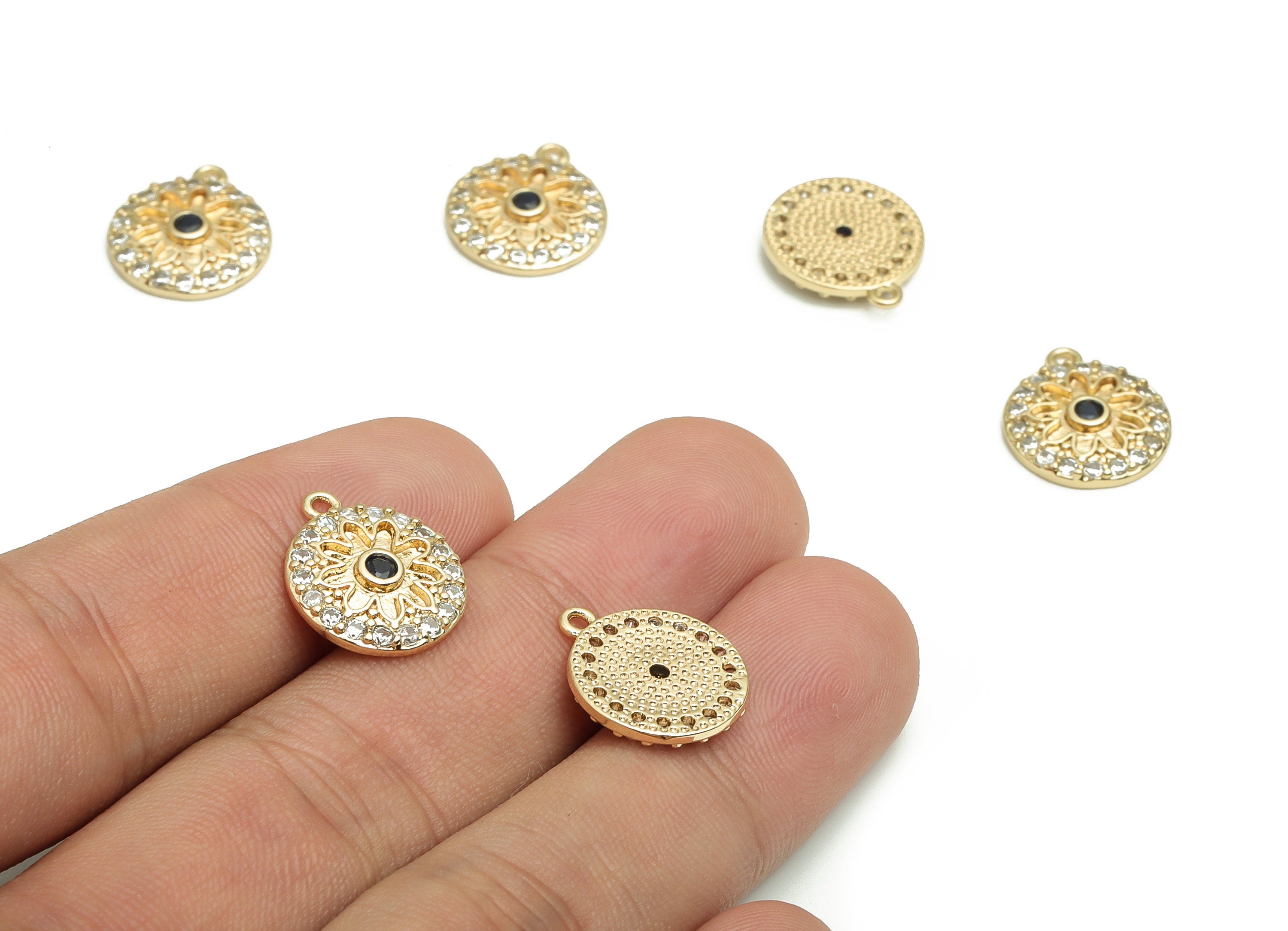 Brass Round Earring Charms With Zircons - Gold Flower Pendant - 18K Real Gold Plated Brass - Jewelry Supplies - 15.94x13.63x2.68mm - RGP4063 - DOMEDBAZAAR