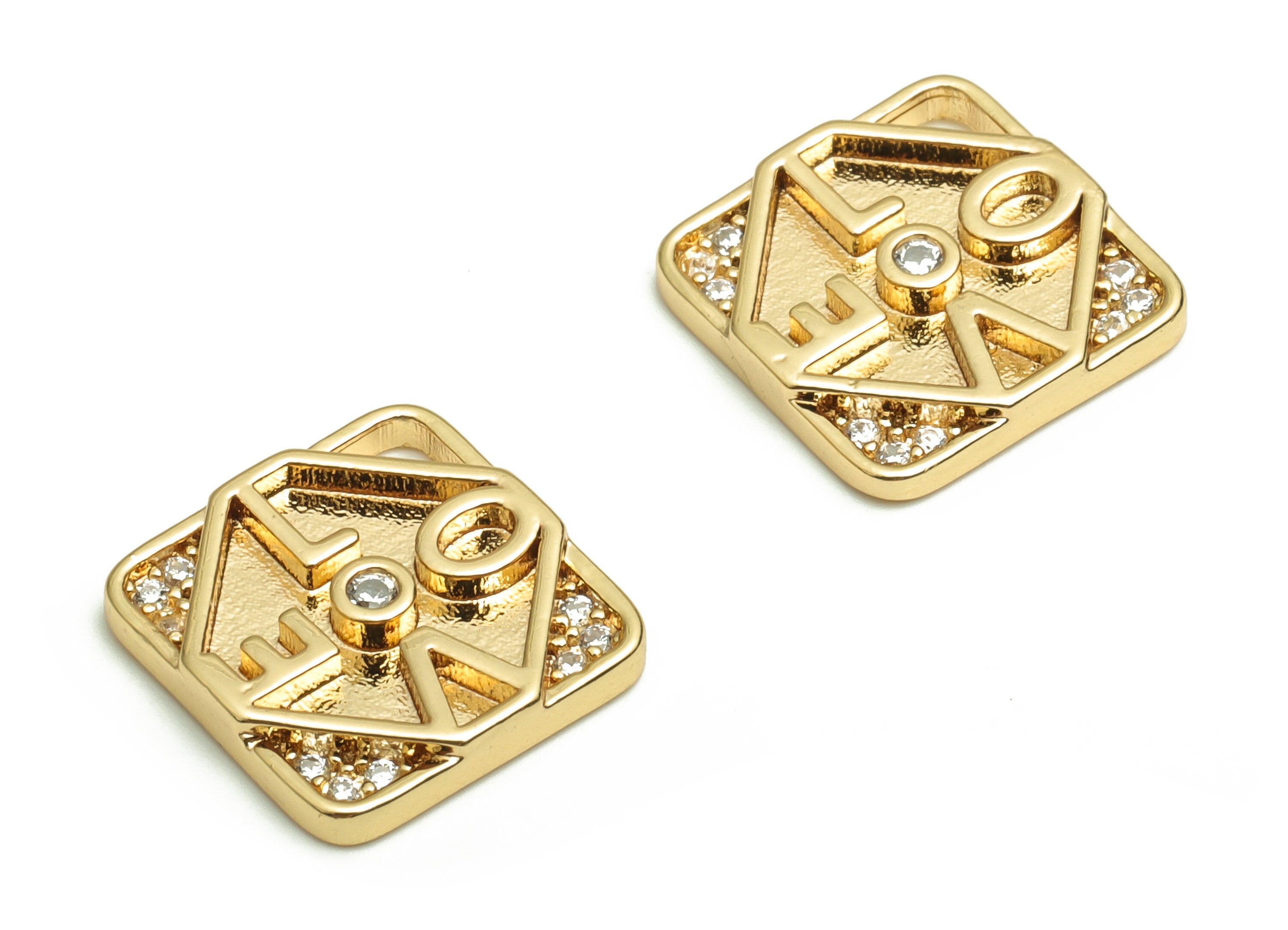 Brass Square Earring Charms With Zircons - Gold Love Pendant - 18K Real Gold Plated Brass - Jewelry Supplies - 11.77x11.59x2.26mm - RGP4082 - DOMEDBAZAAR