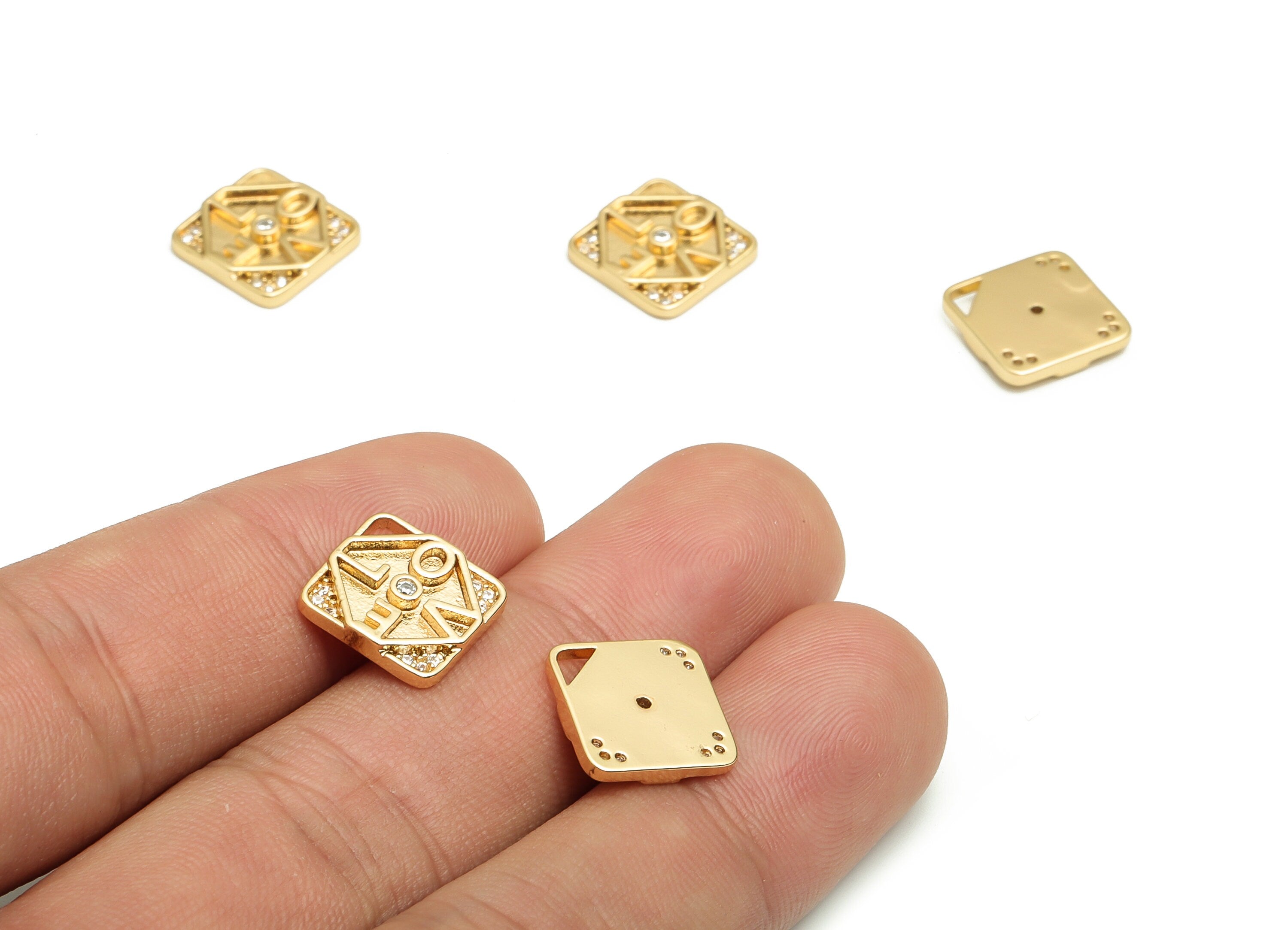 Brass Square Earring Charms With Zircons - Gold Love Pendant - 18K Real Gold Plated Brass - Jewelry Supplies - 11.77x11.59x2.26mm - RGP4082 - DOMEDBAZAAR