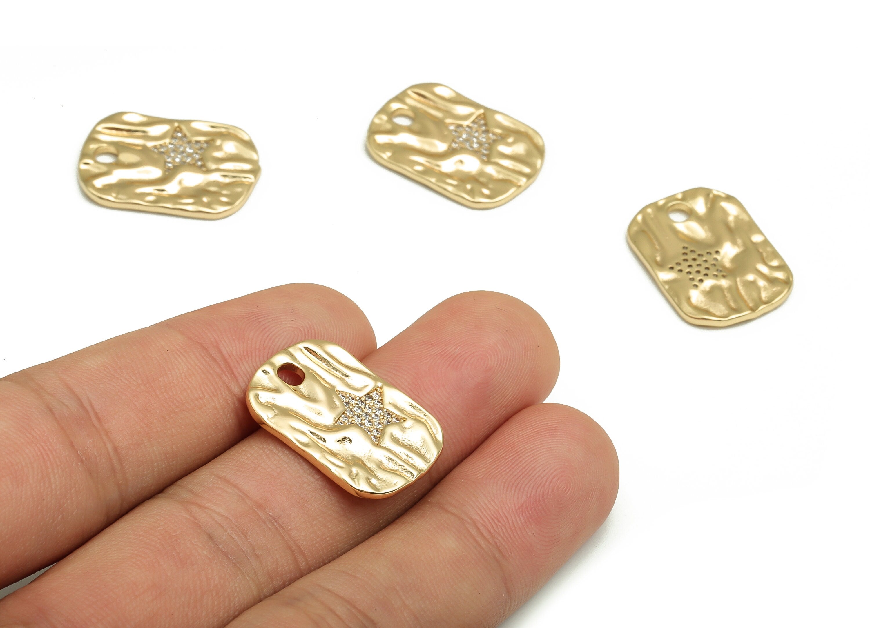 Brass Rectangle Earring Charms With Zircons - Gold Star Pendant - 18K Real Gold Plated Brass - Jewelry Supplies - 22.41x15.46x1.9mm- RGP4114 - DOMEDBAZAAR