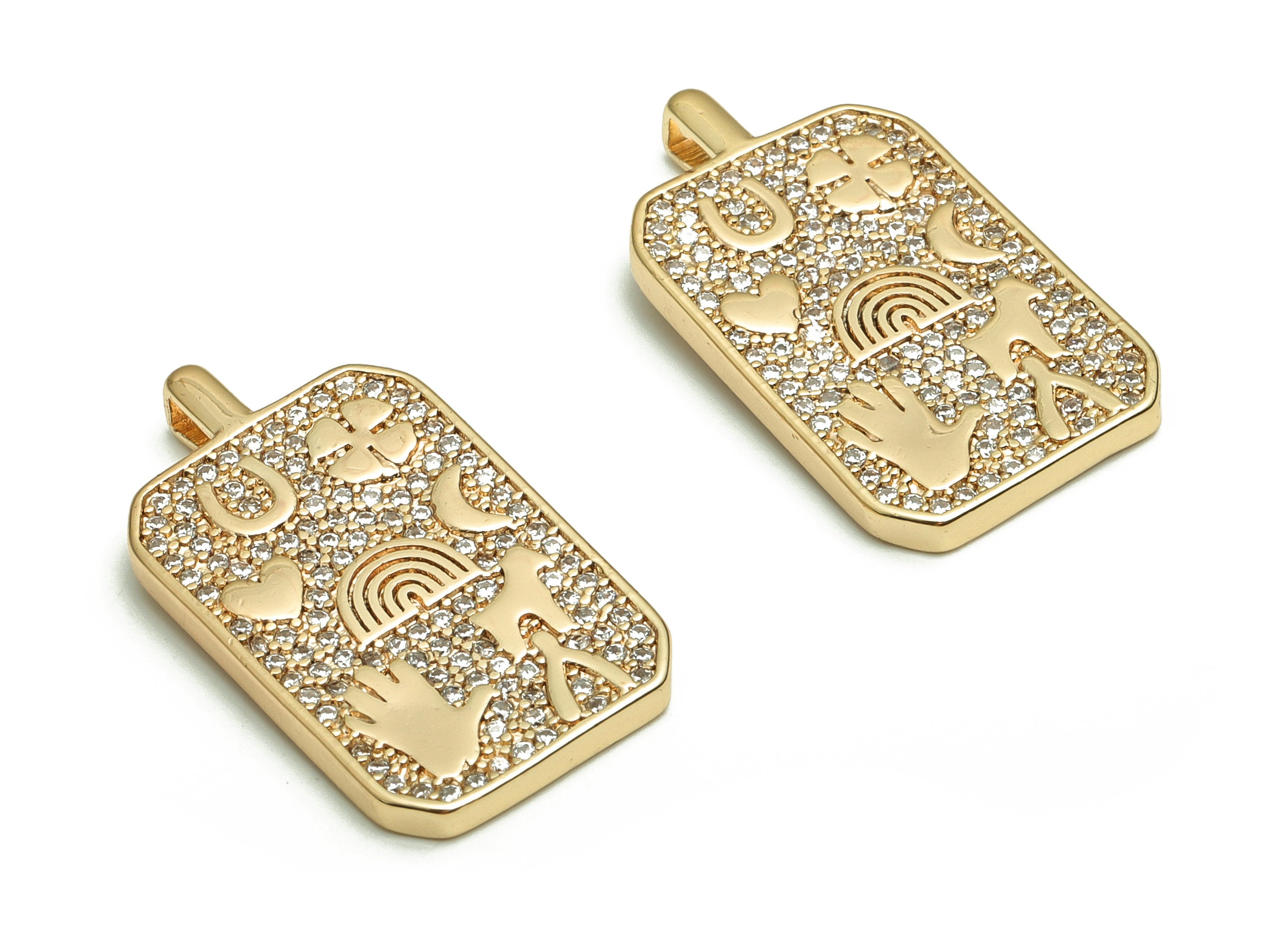 Brass Rectangle Earring Charms With Zircons - Gold Pattern Pendant - 18K Real Gold Plated Brass - Jewelry Supplies - 26.9x14.9x2mm- RGP4083 - DOMEDBAZAAR