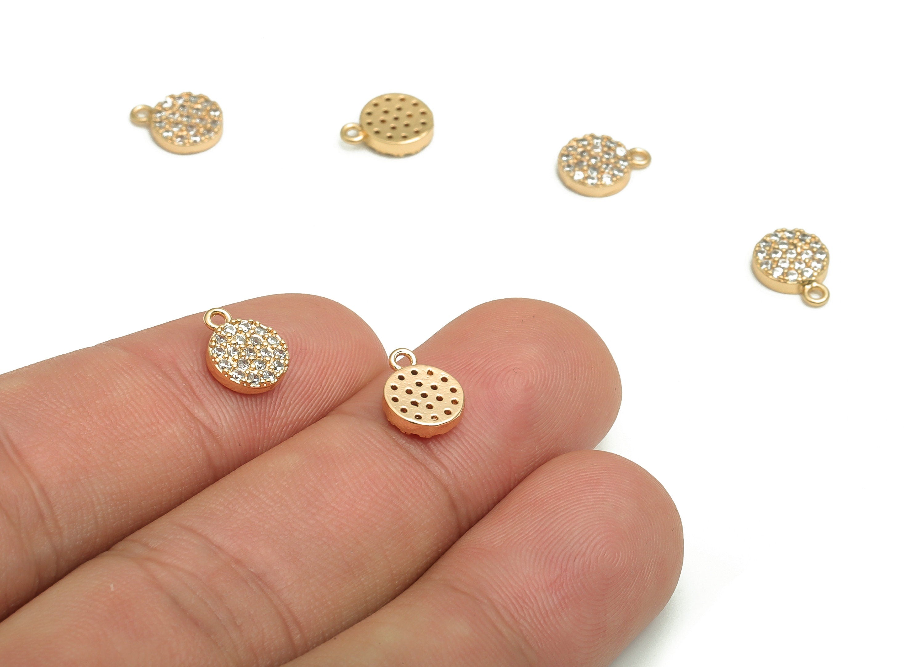 Brass Round Earring Charms With Zircons - Gold Circle Pendant - 18K Real Gold Plated Brass - Jewelry Supplies - 9.06x7x1.88mm - RGP4093 - DOMEDBAZAAR