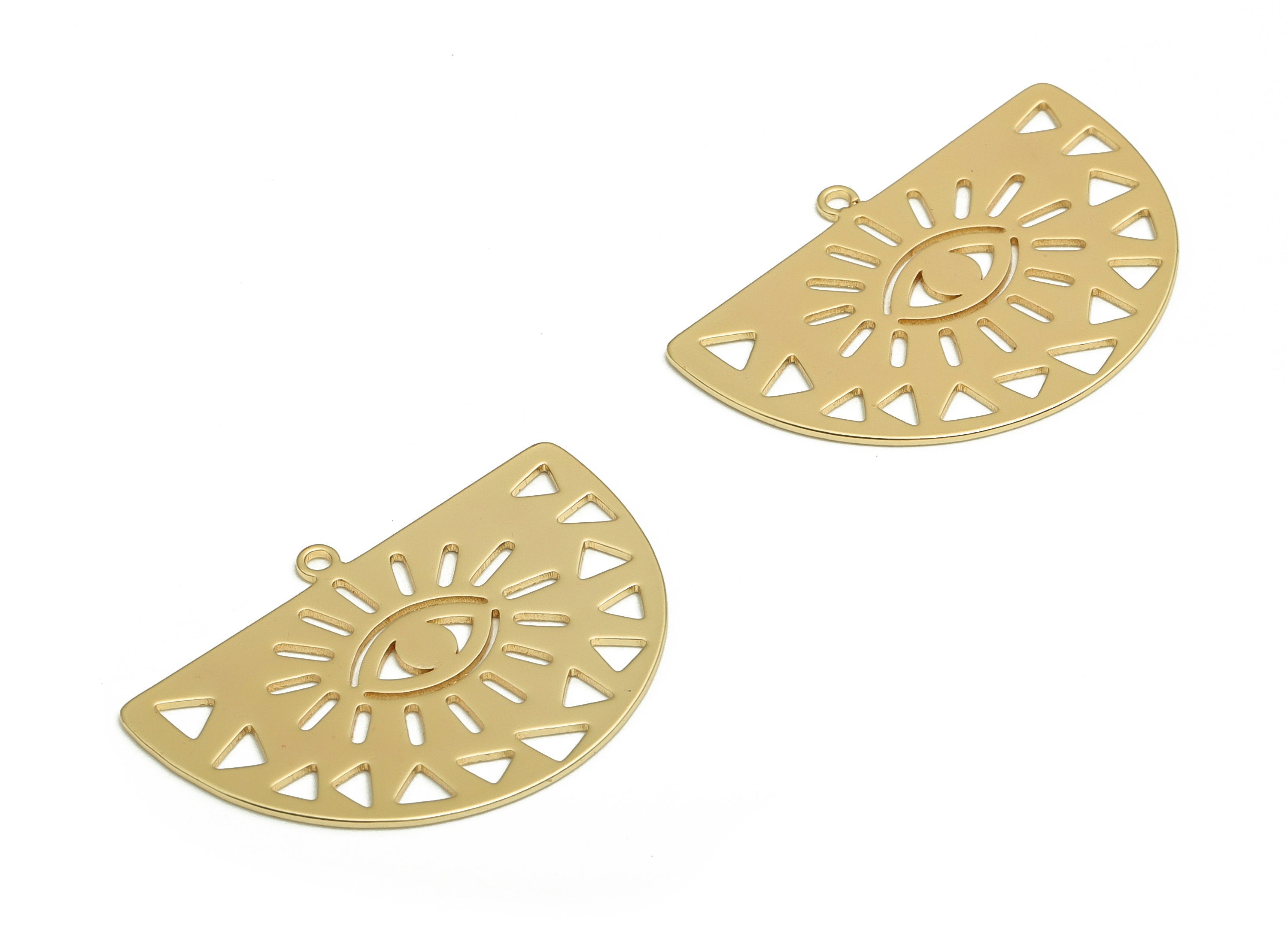 Brass Semicircle Earring Charms - Gold Half Moon Eye Pendant - 18K Real Gold Plated Brass - Jewelry Supplies - 30.03x20.87x0.64mm - RGP4058 - DOMEDBAZAAR