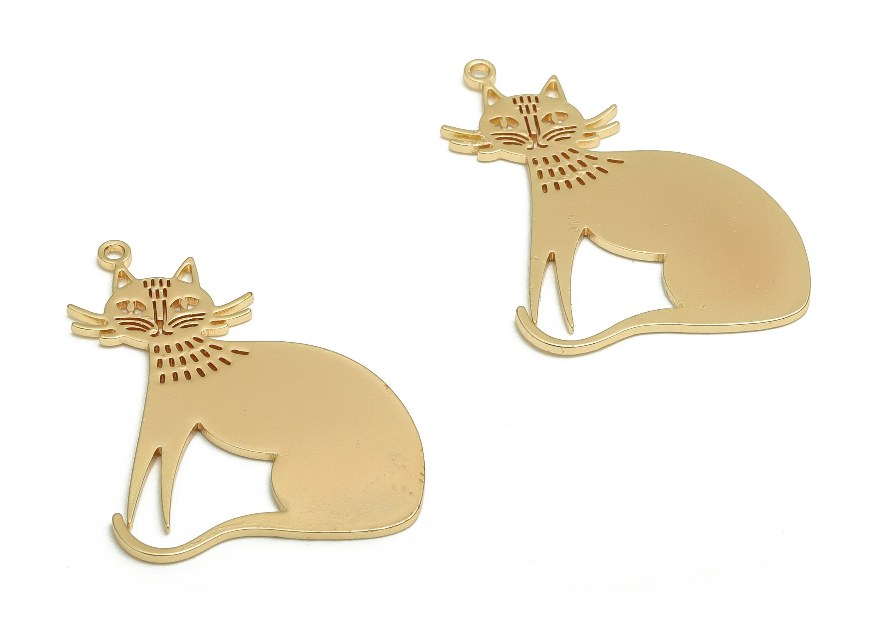 Brass Cat Earring Charms - Gold Cat Pendant - 18K Real Gold Plated Brass - Jewelry Making Supplies - 33.41x23.57x0.84mm- RGP4062 - DOMEDBAZAAR