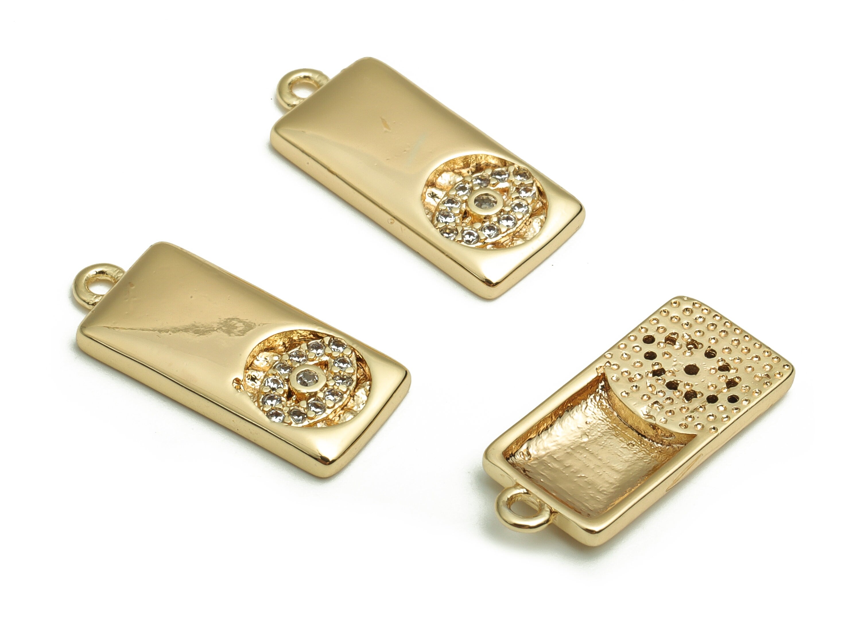 Brass Rectangle Earring Charms With Zircons - Gold Eye Pendant - 18K Real Gold Plated Brass - Jewelry Supplies - 18.07x7.89x2.01mm- RGP4078 - DOMEDBAZAAR