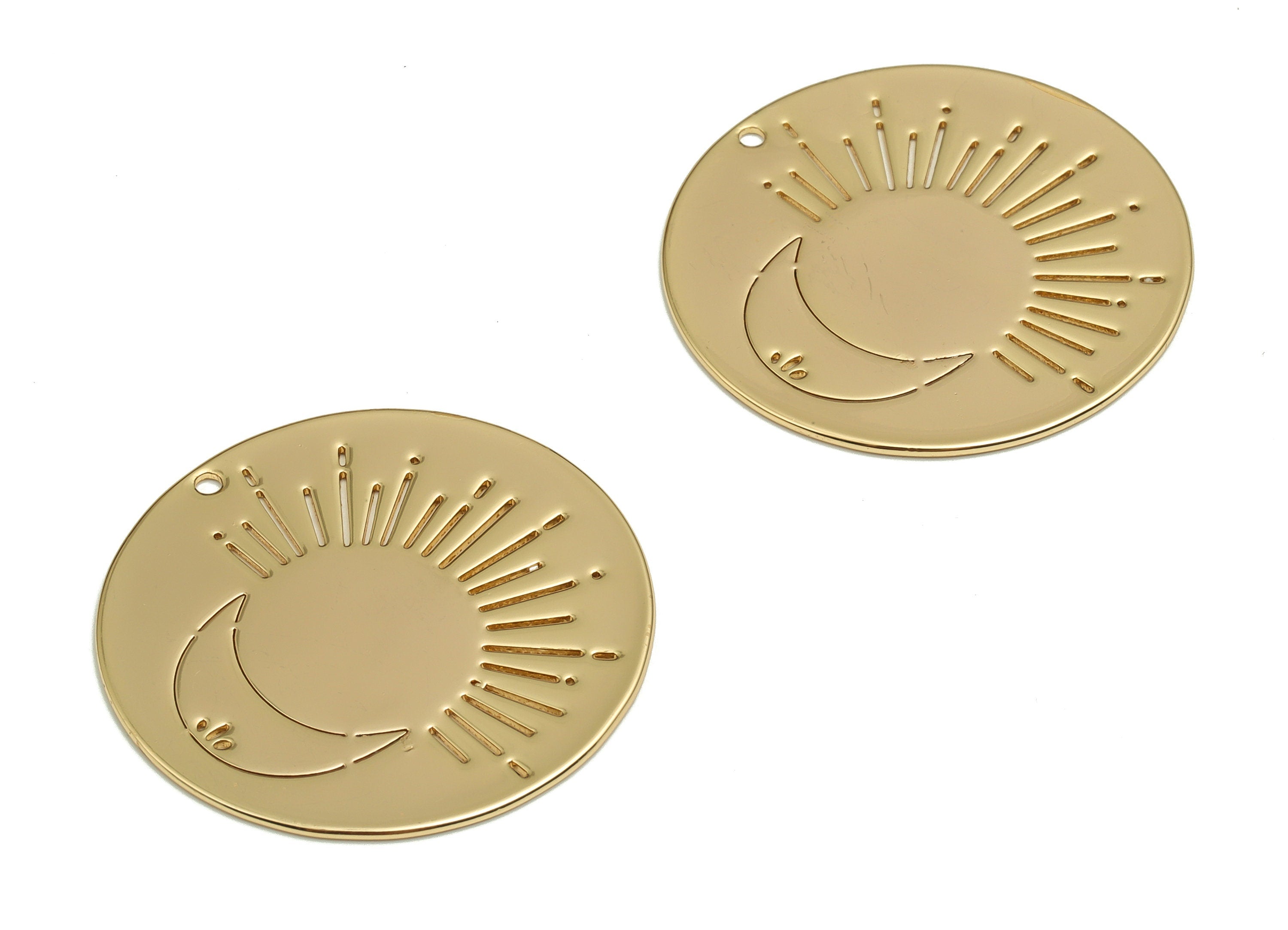 Brass Round Crescent Earring Charms - Gold Sun Moon Pendant - 18K Real Gold Plated Brass - Jewelry Supplies - 33.9x33.9x0.74mm - RGP4117 - DOMEDBAZAAR