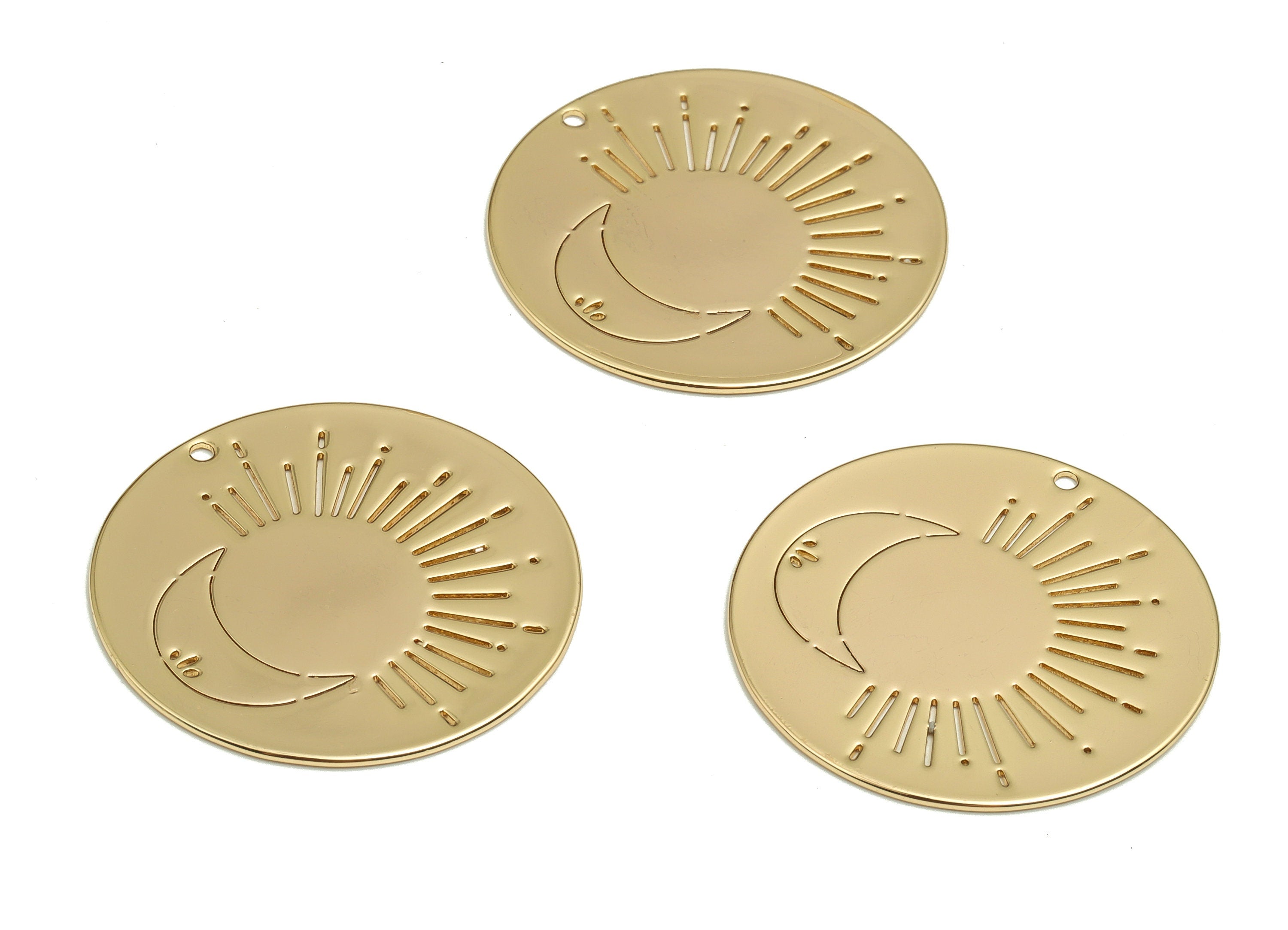 Brass Round Crescent Earring Charms - Gold Sun Moon Pendant - 18K Real Gold Plated Brass - Jewelry Supplies - 33.9x33.9x0.74mm - RGP4117 - DOMEDBAZAAR
