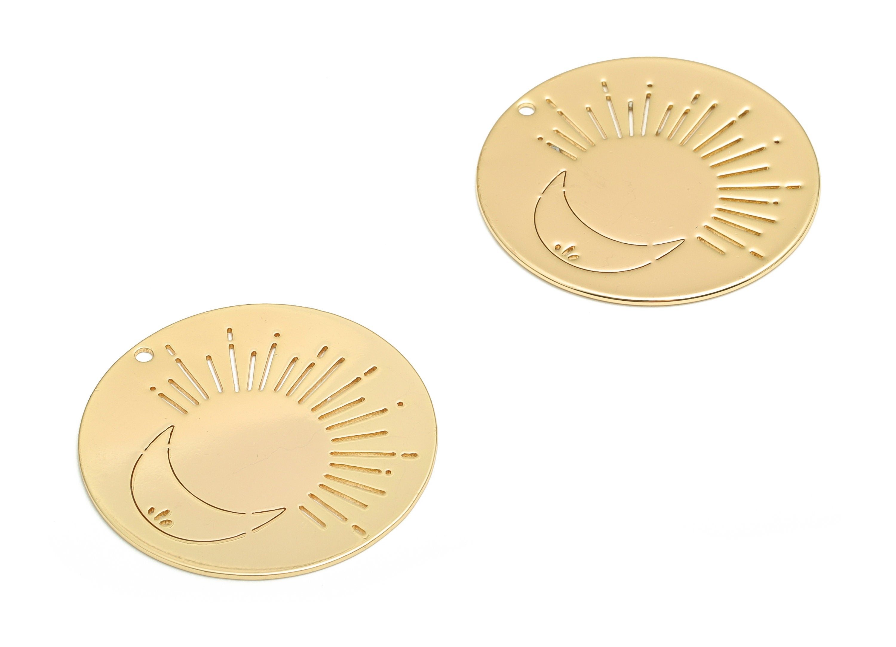 Brass Round Crescent Earring Charms - Gold Moon Sun Pendant - 18K Real Gold Plated Brass - Jewelry Supplies - 33.85x33.85x0.69mm - RGP4096 - DOMEDBAZAAR