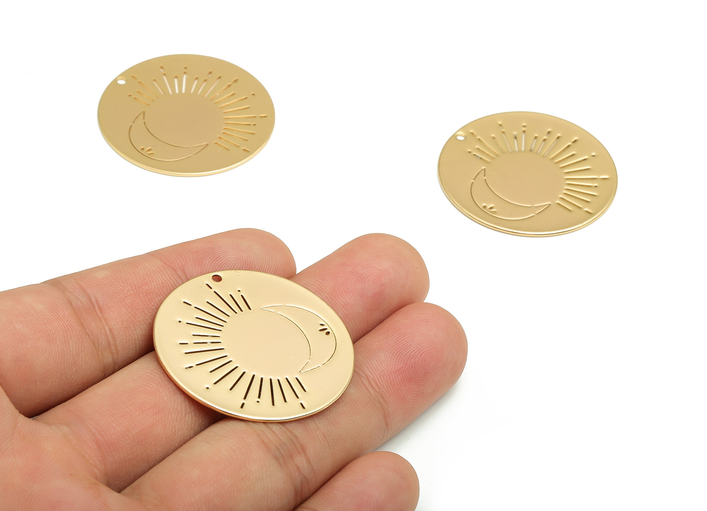 Brass Round Crescent Earring Charms - Gold Moon Sun Pendant - 18K Real Gold Plated Brass - Jewelry Supplies - 33.85x33.85x0.69mm - RGP4096 - DOMEDBAZAAR