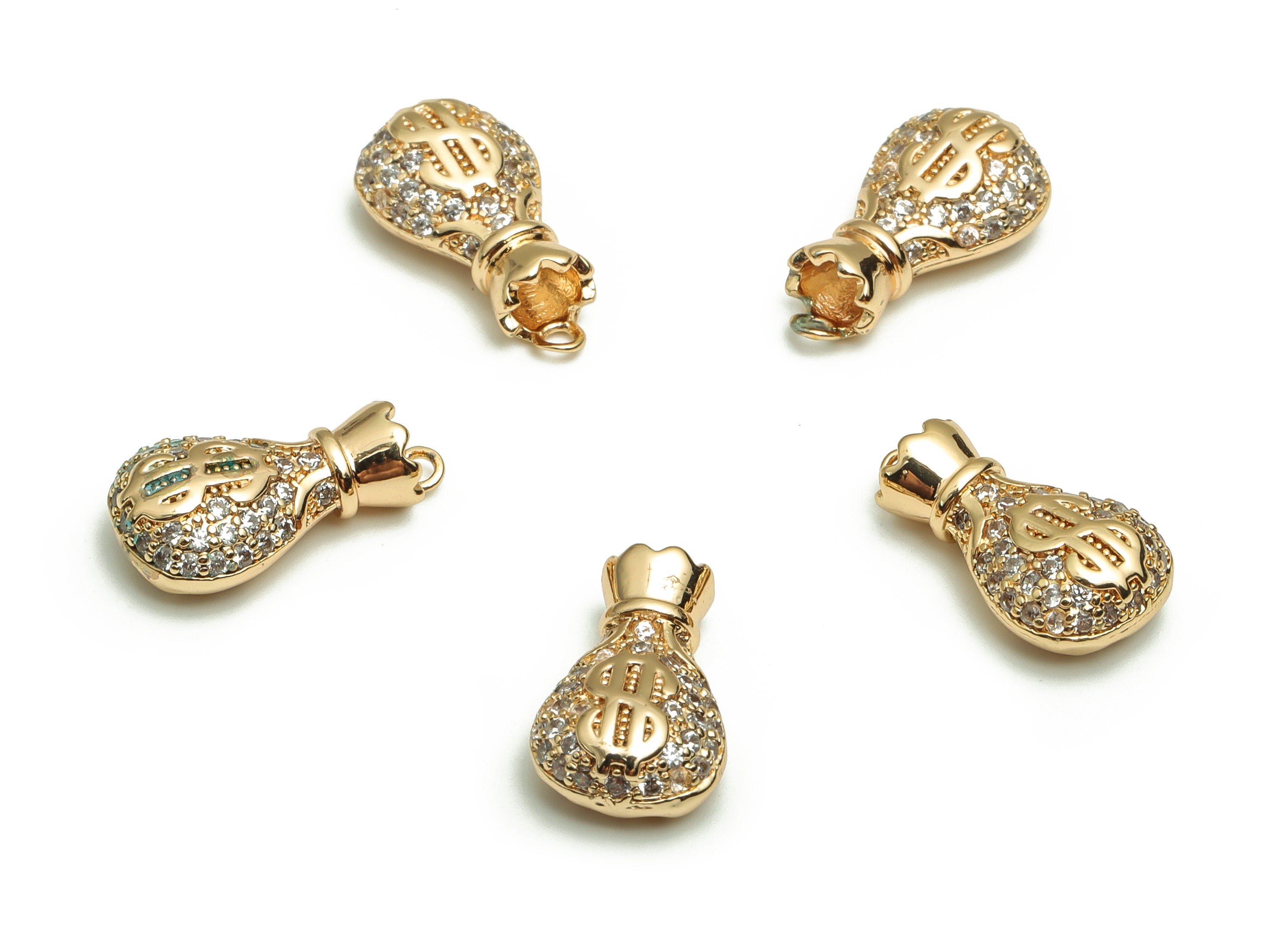 Brass Purse Earring Charms With Zircons - Gold Purse Pendant - 18K Real Gold Plated Brass - Jewelry Supplies - 16.02x8.88x5.2mm- RGP4079 - DOMEDBAZAAR