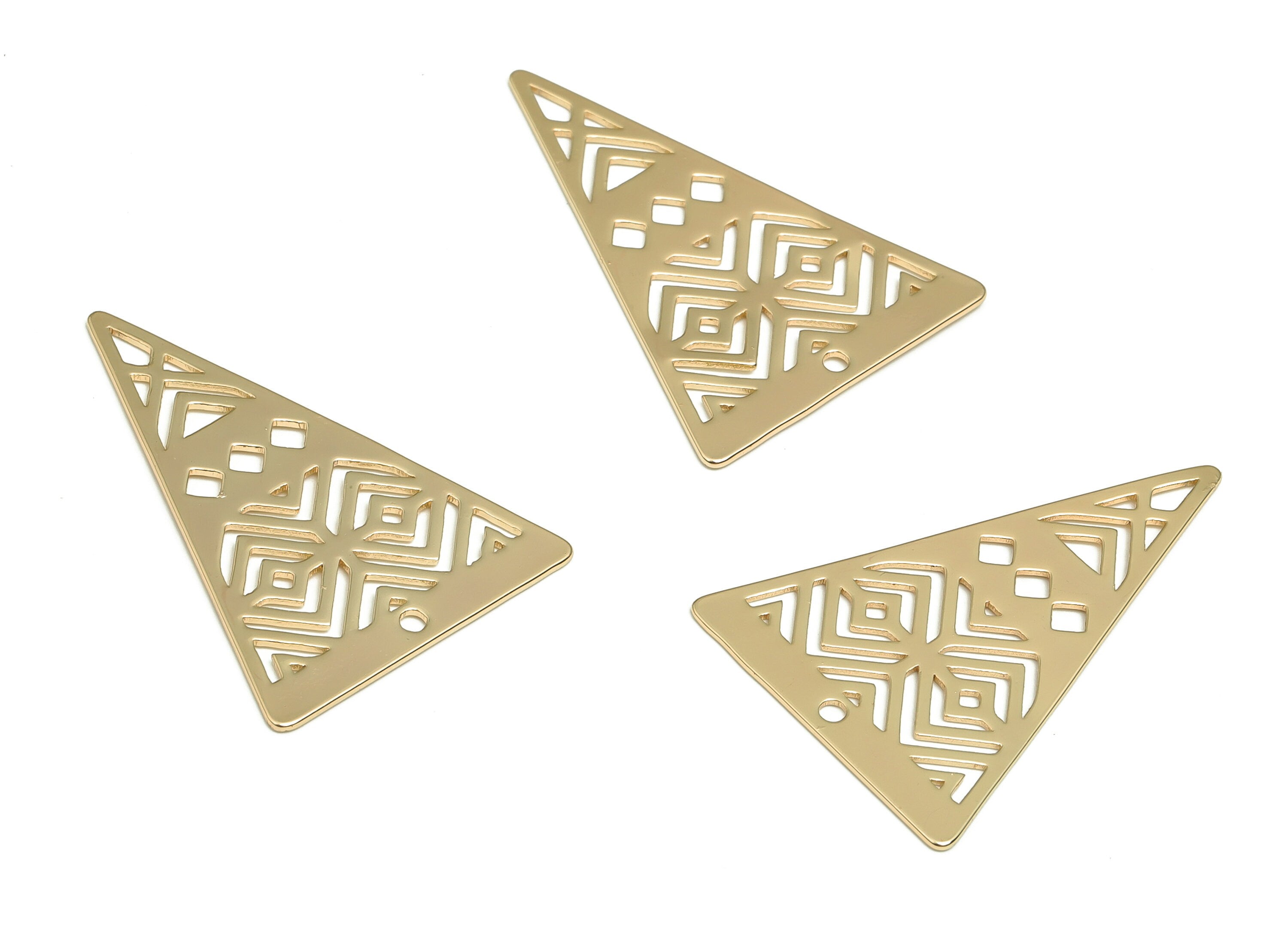 Brass Triangle Earring Charms - Gold Pattern Pendant - 18K Real Gold Plated Brass - Jewelry Making Supplies - 32x22.52x0.7mm- RGP4120 - DOMEDBAZAAR