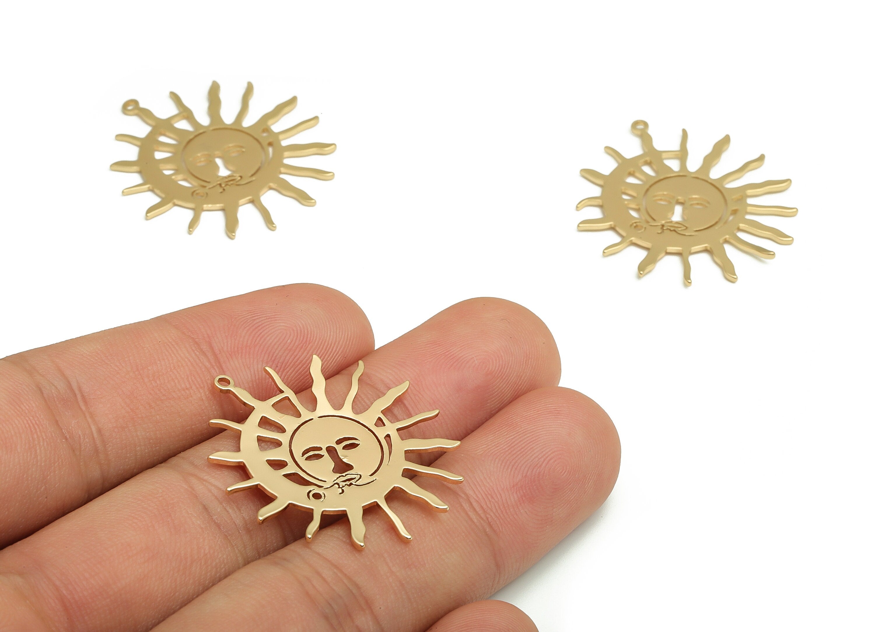 Brass Crescent Sun Earring Charms - Gold Face Moon Pendant - 18K Real Gold Plated Brass - Jewelry Supplies - 31.71x29.01x0.93mm - RGP4064 - DOMEDBAZAAR