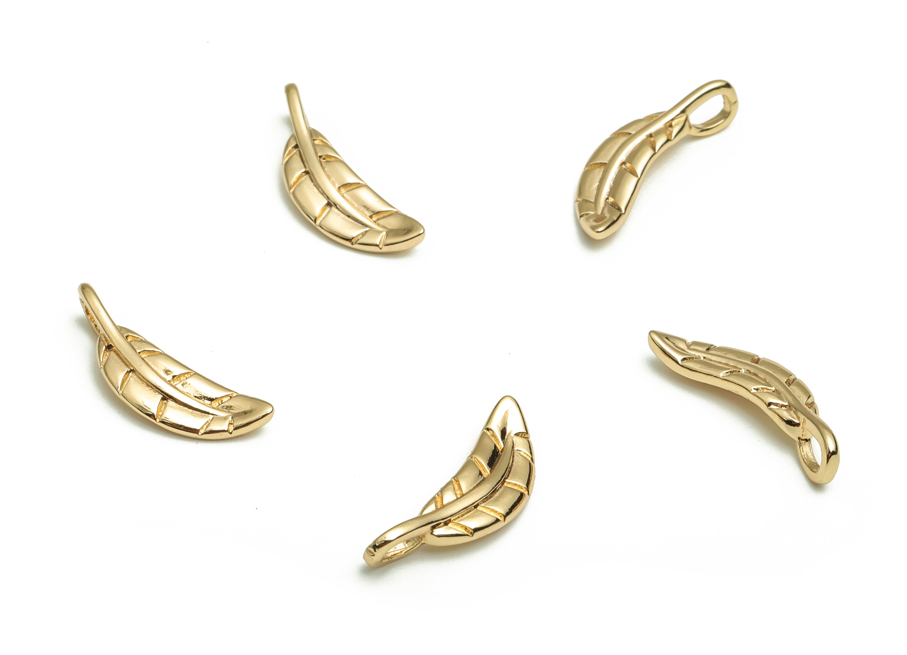 Brass Feather Earring Charms – Gold Feather Pendant - 18k Real Gold Plated Brass – Jewelry Making Supplies - 16.12x5.59x1.61mm – RGP4099 - DOMEDBAZAAR