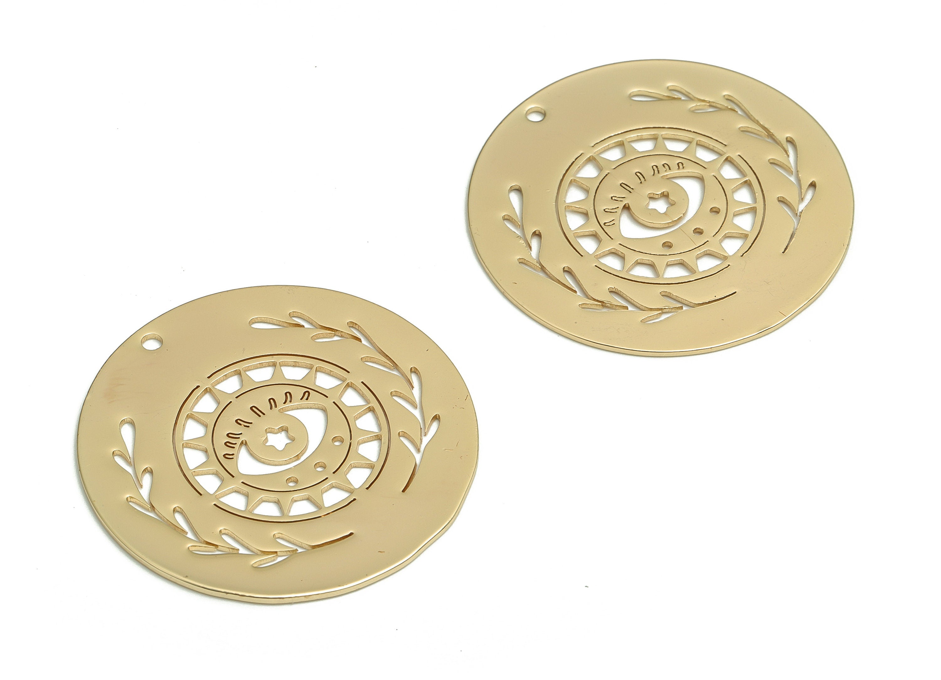 Brass Round Branch Earring Charms - Gold Eye Sun Pendant - 18K Real Gold Plated Brass - Jewelry Supplies - 30.38x30.38x0.72mm - RGP4072 - DOMEDBAZAAR