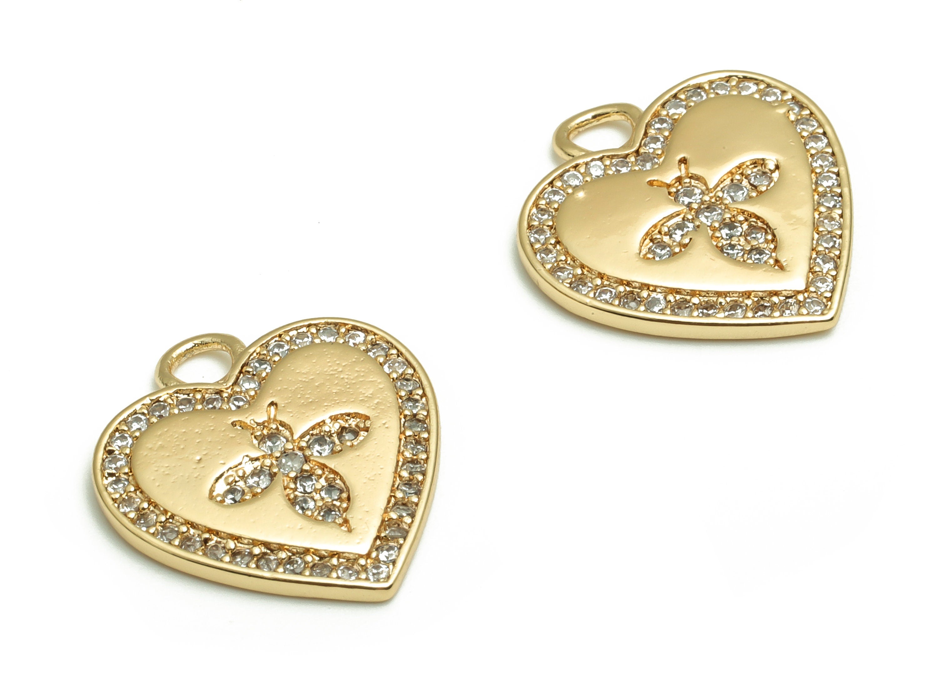 Brass Heart Earring Charms With Zircons - Gold Bee Pendant - 18K Real Gold Plated Brass - Jewelry Supplies - 16.44x15.05x1.87mm - RGP4127 - DOMEDBAZAAR
