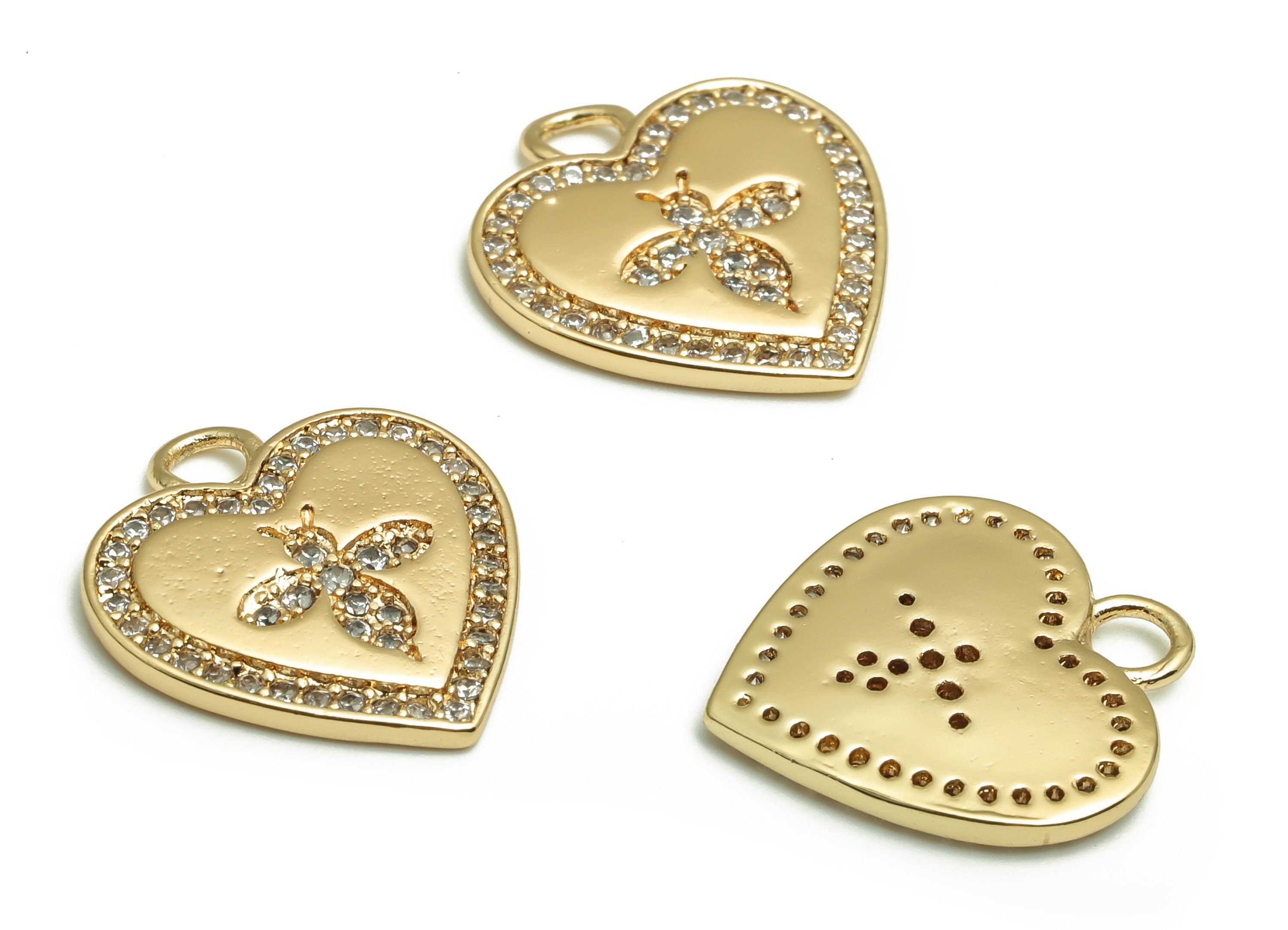 Brass Heart Earring Charms With Zircons - Gold Bee Pendant - 18K Real Gold Plated Brass - Jewelry Supplies - 16.44x15.05x1.87mm - RGP4127 - DOMEDBAZAAR