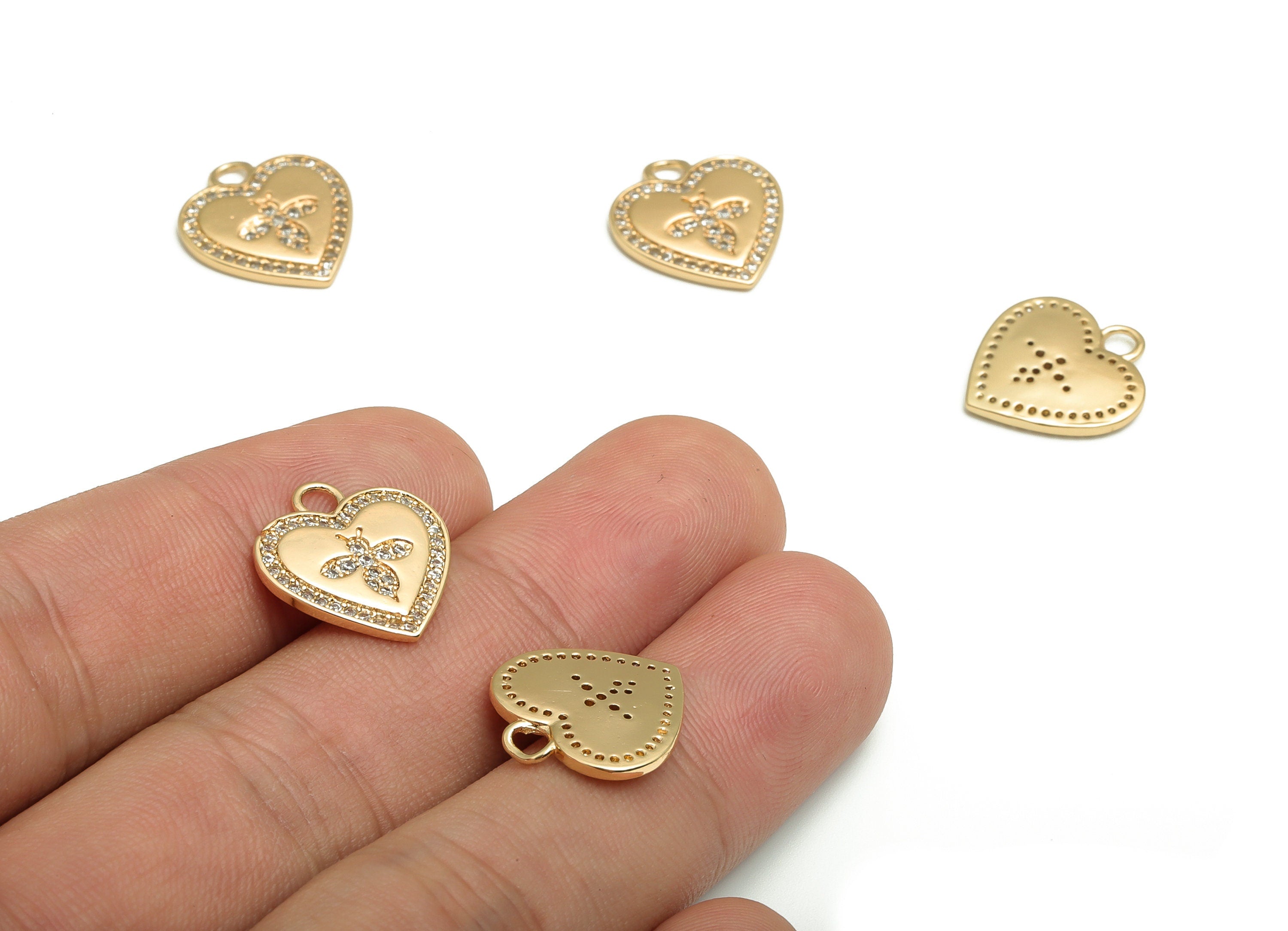 Brass Heart Earring Charms With Zircons - Gold Bee Pendant - 18K Real Gold Plated Brass - Jewelry Supplies - 16.44x15.05x1.87mm - RGP4127 - DOMEDBAZAAR