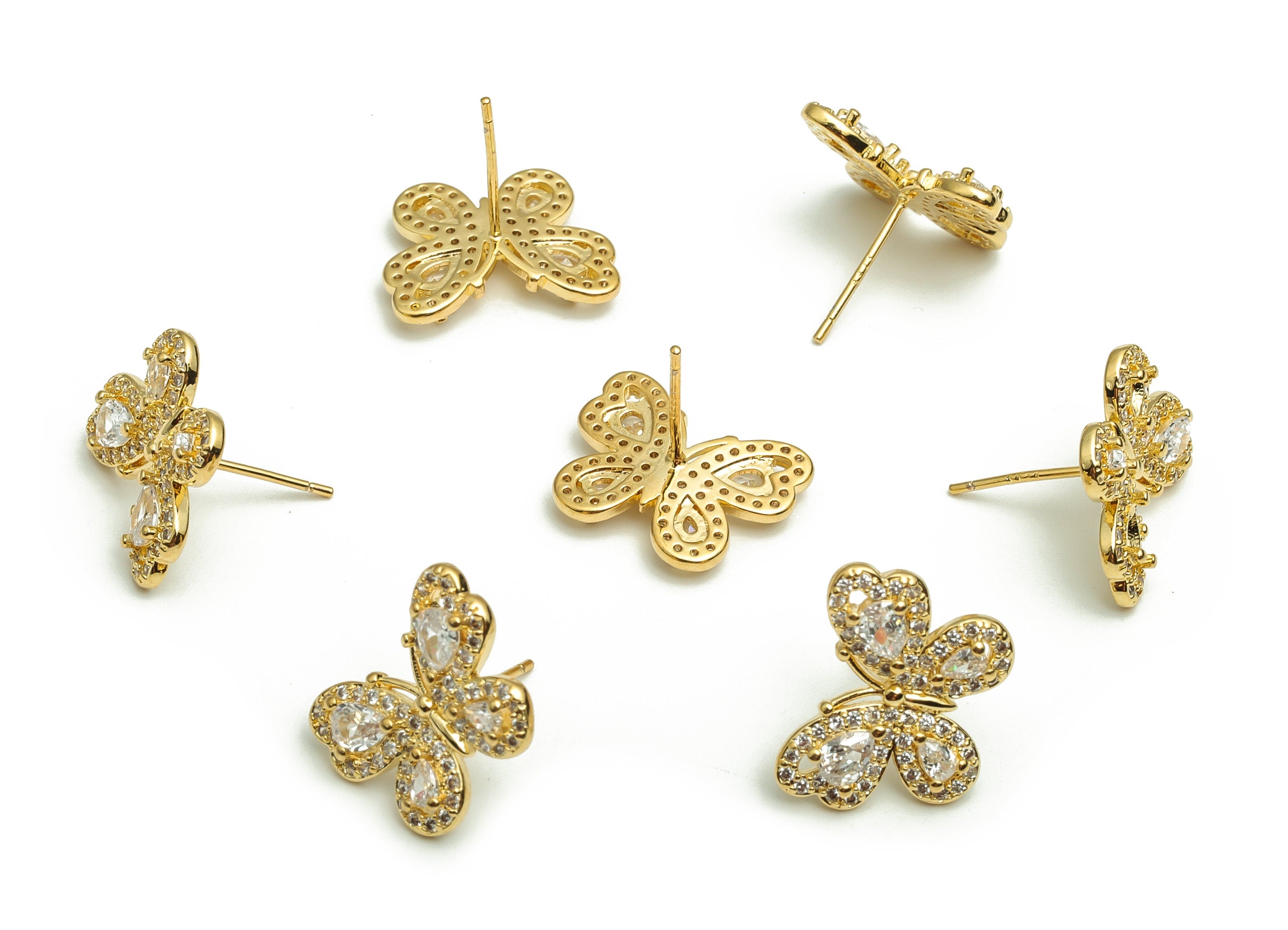 Brass Butterfly Earring Stud With Zircons - Gold Butterfly Post - Stainless Steel Stud - 18K Real Gold Plated Brass – 16x16x3mm - RGP4076 - DOMEDBAZAAR