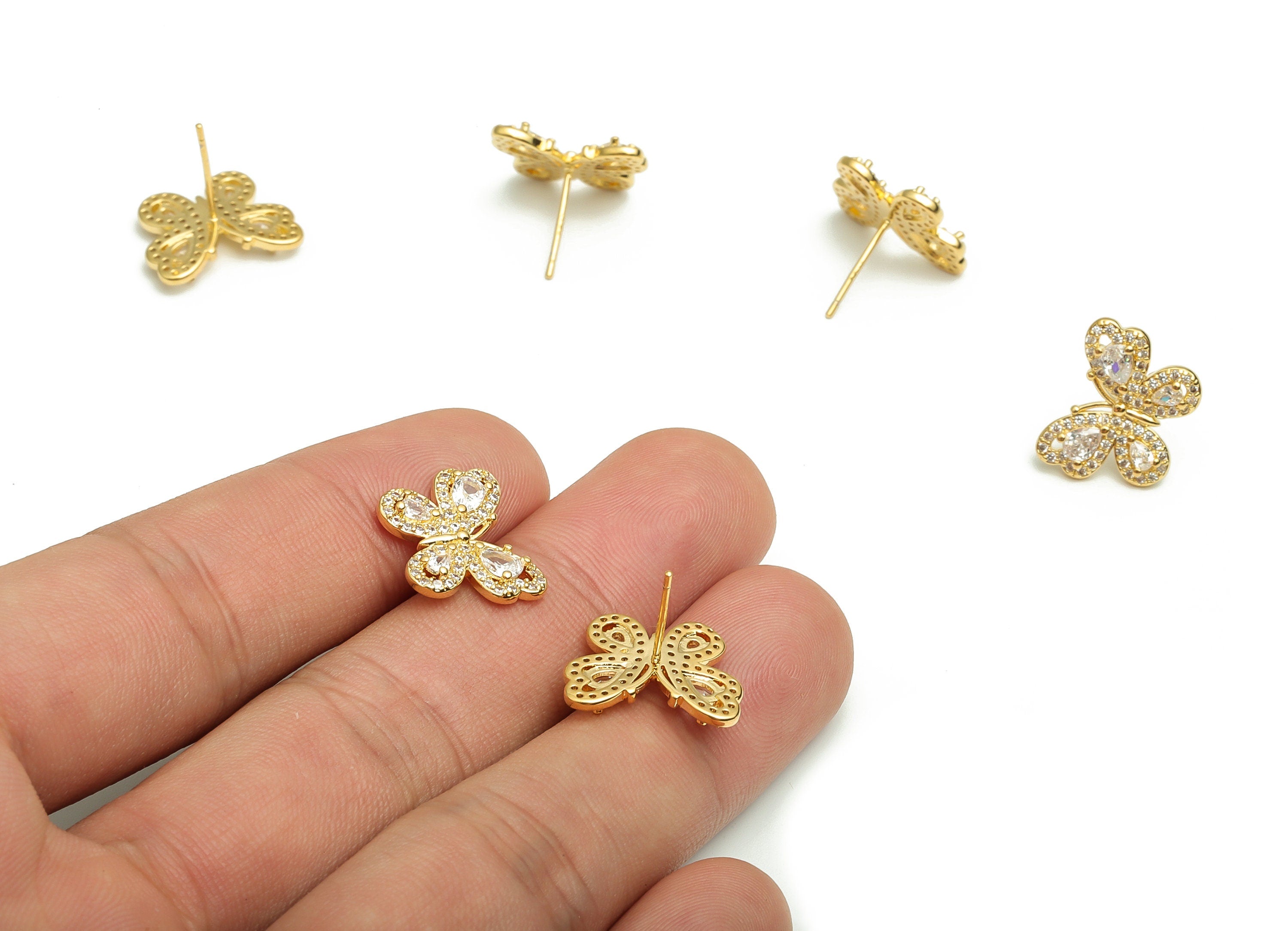Brass Butterfly Earring Stud With Zircons - Gold Butterfly Post - Stainless Steel Stud - 18K Real Gold Plated Brass – 16x16x3mm - RGP4076 - DOMEDBAZAAR