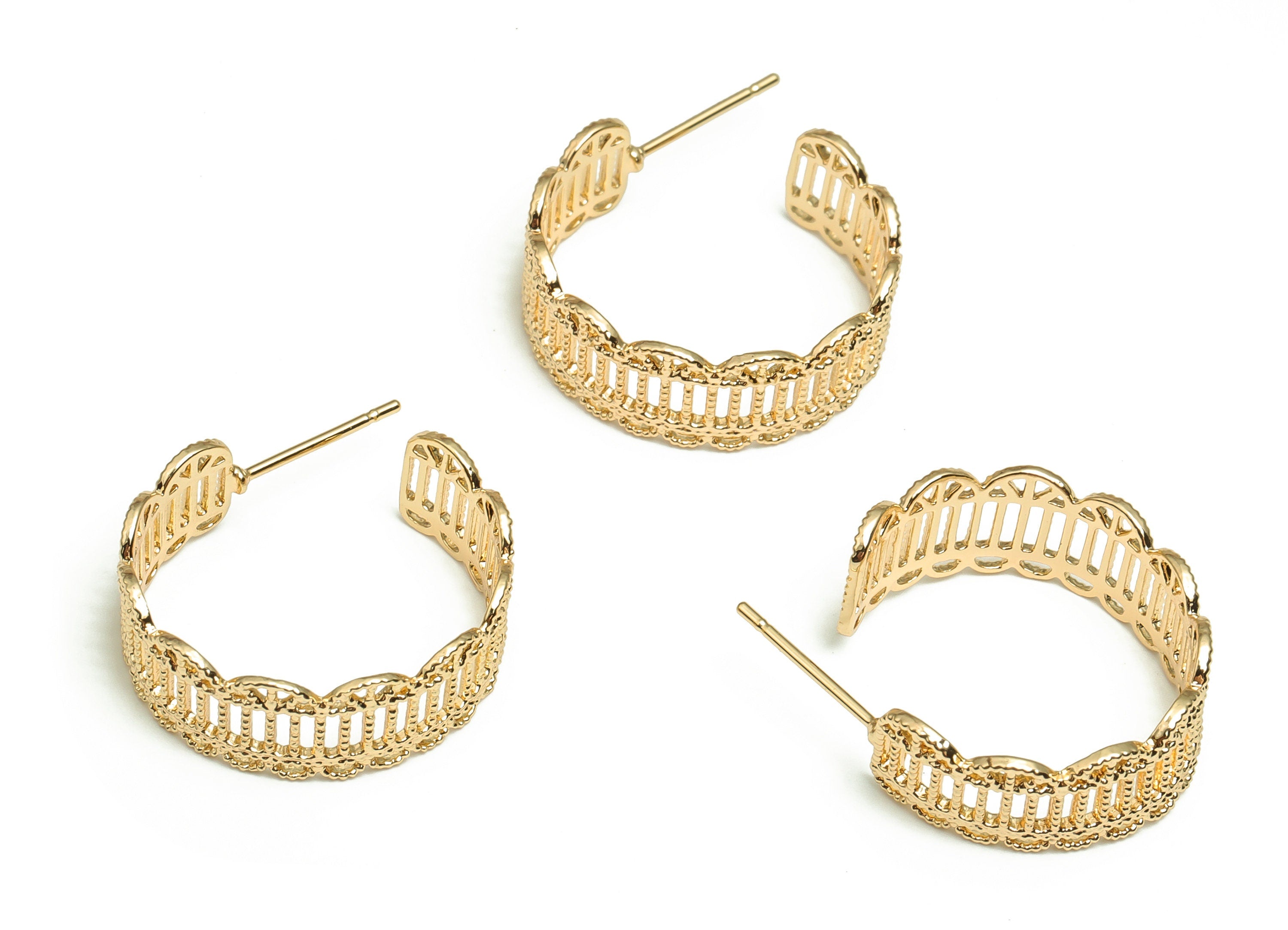 Brass Texture C Earring Post - Gold C Earring Stud - 18K Real Gold Plated Brass - Stainless Steel Stud - 21.69x16.69x1.14mm - RGP4077 - DOMEDBAZAAR